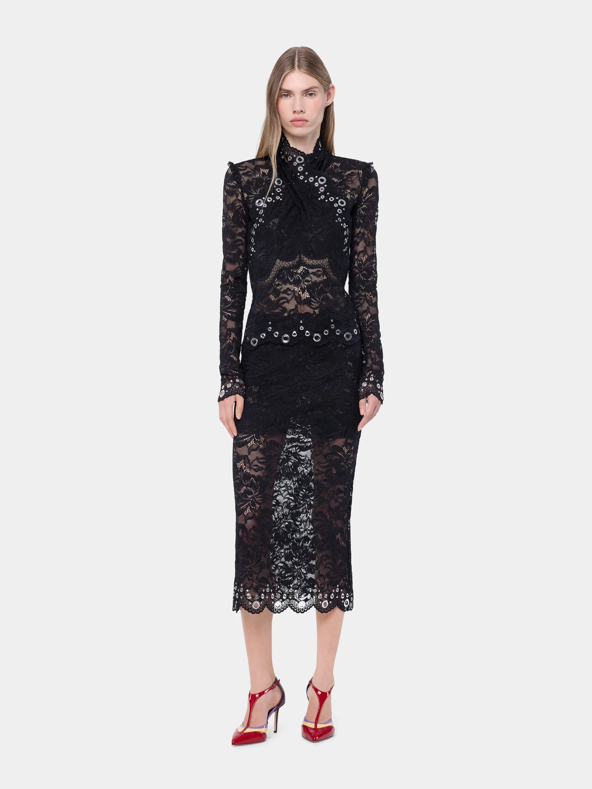 MIDI SKIRT IN BLACK LAYERED LACE EMBELLISHED WITH SILVER EYELETS - 1