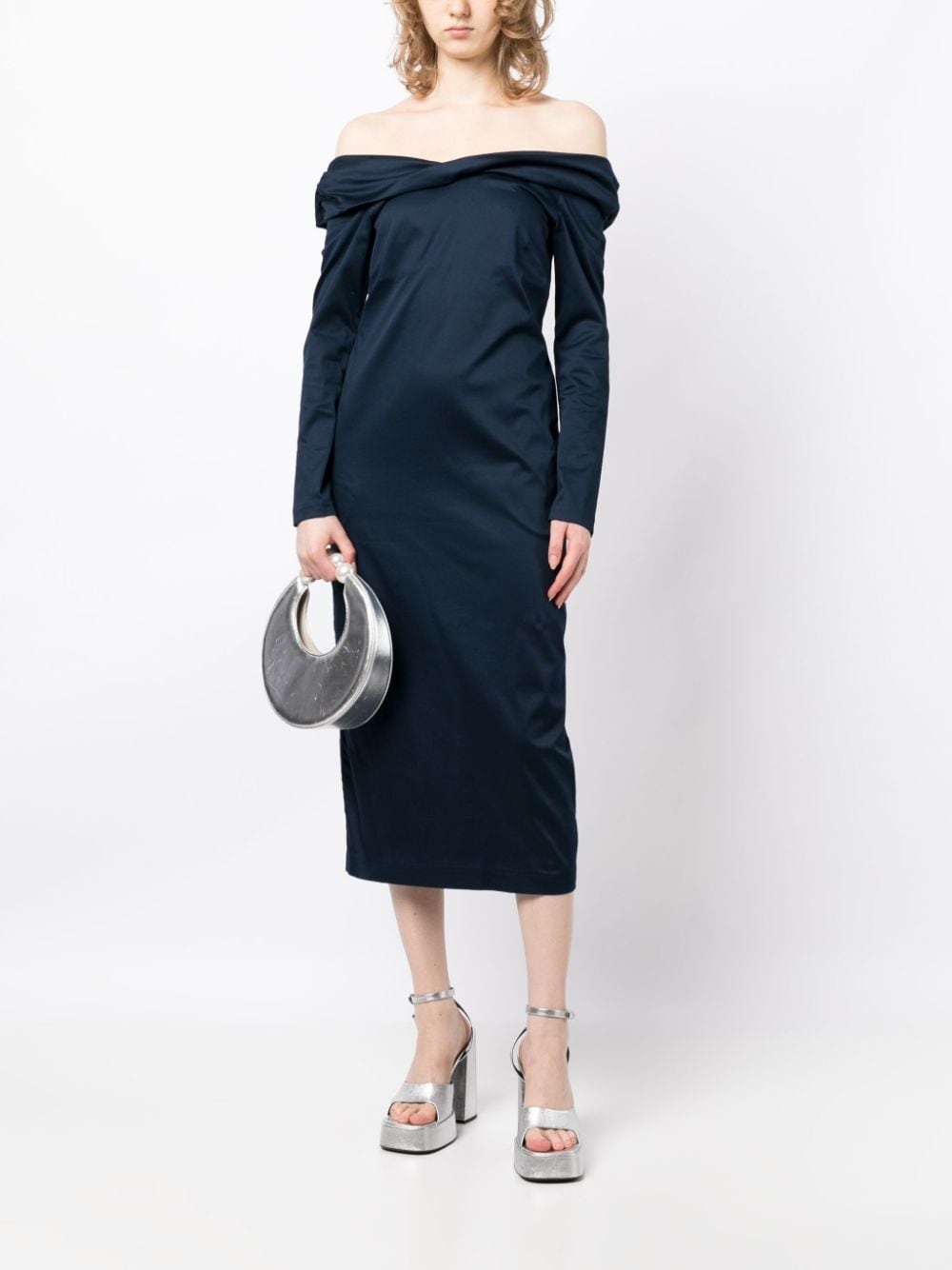 off-shoulder long-sleeve midi dress - 2