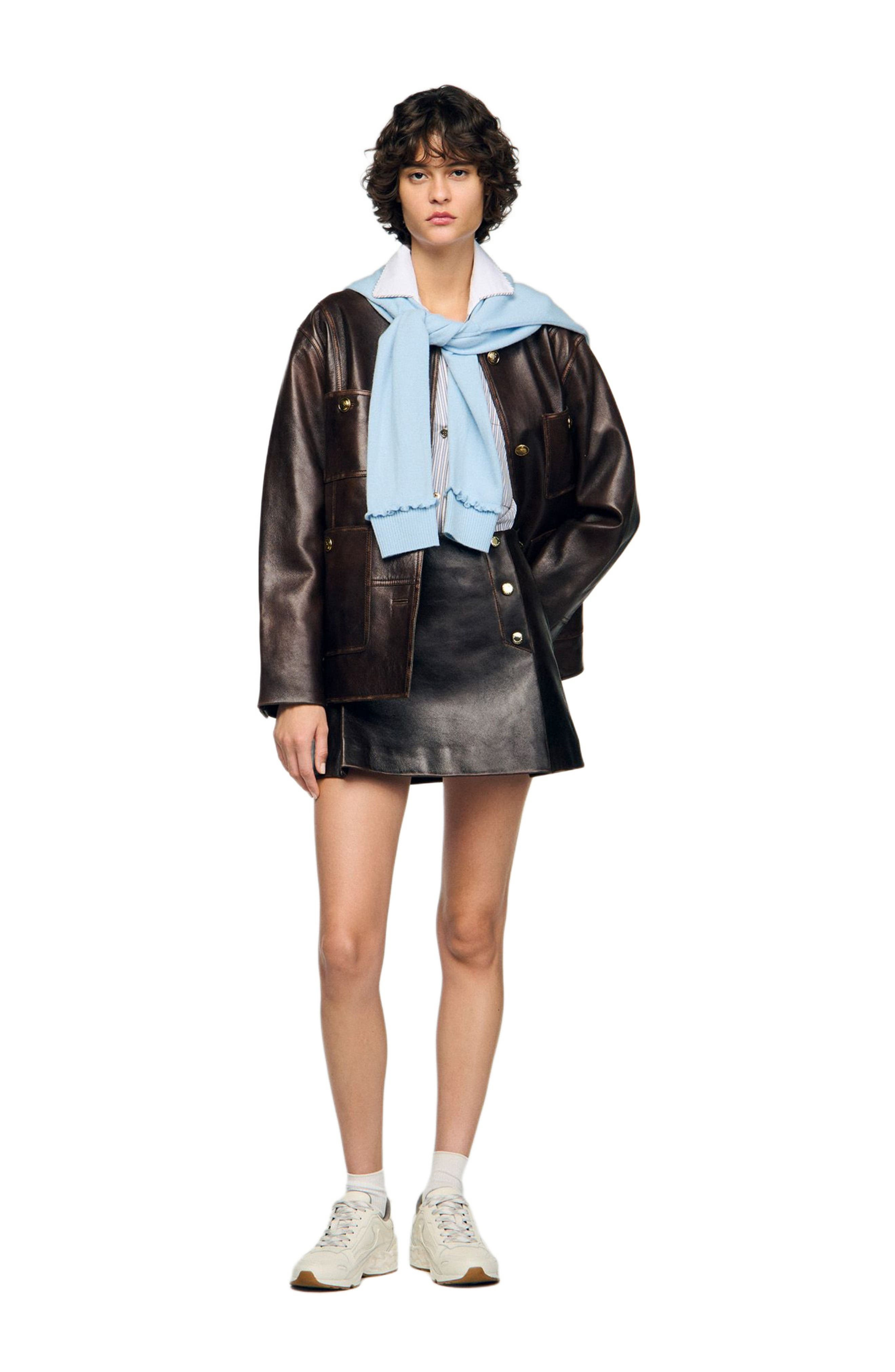 SANDRO Short aged leather skirt in Brown at Nordstrom - 7