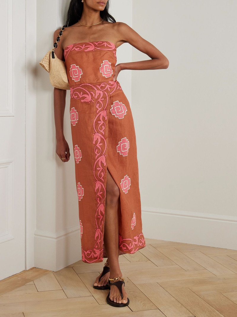 Johanna Ortiz Ancient strapless wrap-effect printed linen midi dress Pink outlook
