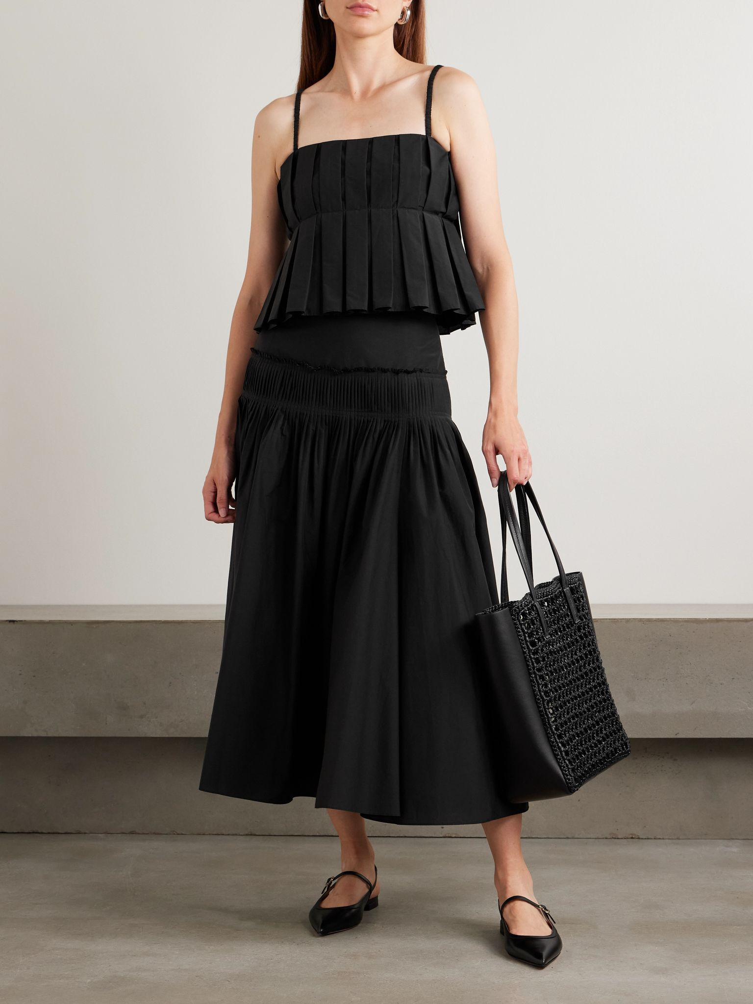 Pintucked pleated cotton-blend poplin maxi skirt Black - 2