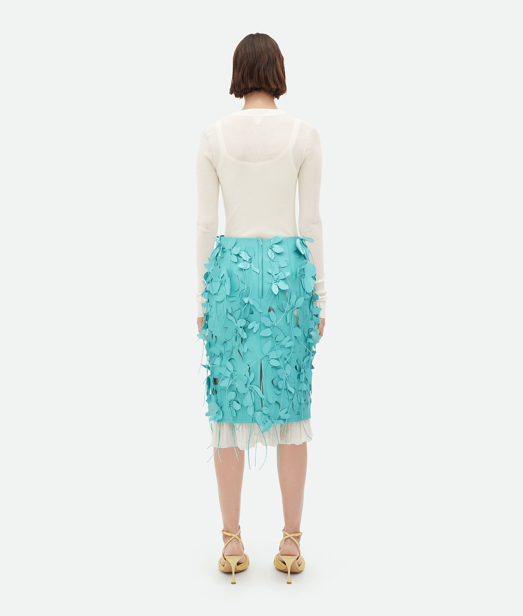 Double Layer Embroidered Leather Midi Skirt - 3