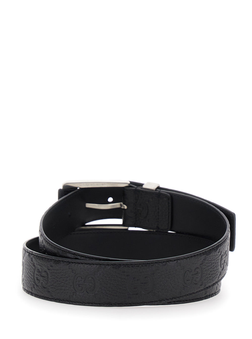Gucci Men Black Belt With Square Buckle And All-Over Embossed Gg Logo In Grained Leather Man - 3