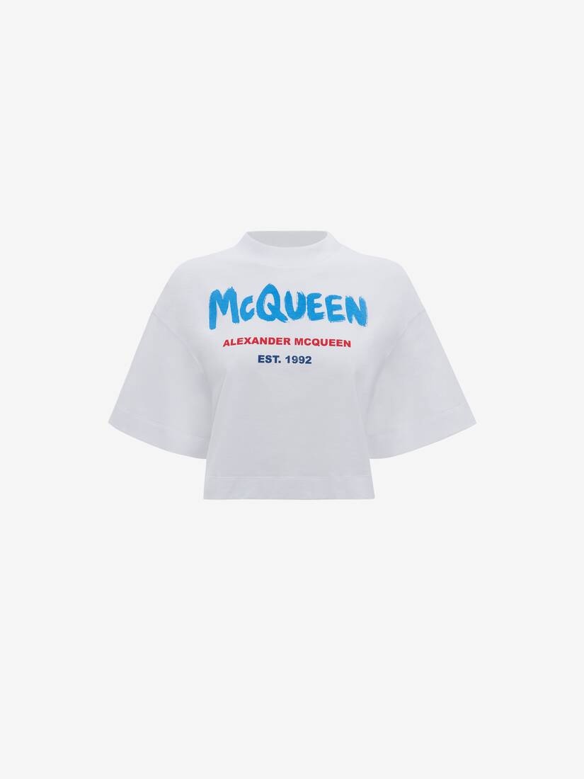 Mcqueen Graffiti Cropped T-shirt in White/multicolour - 1