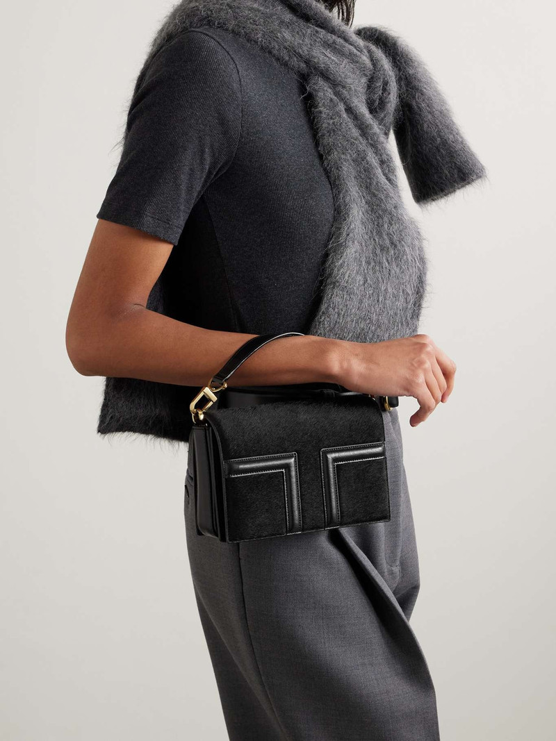 Totême Mini T-Flap leather-trimmed calf hair shoulder bag Black outlook