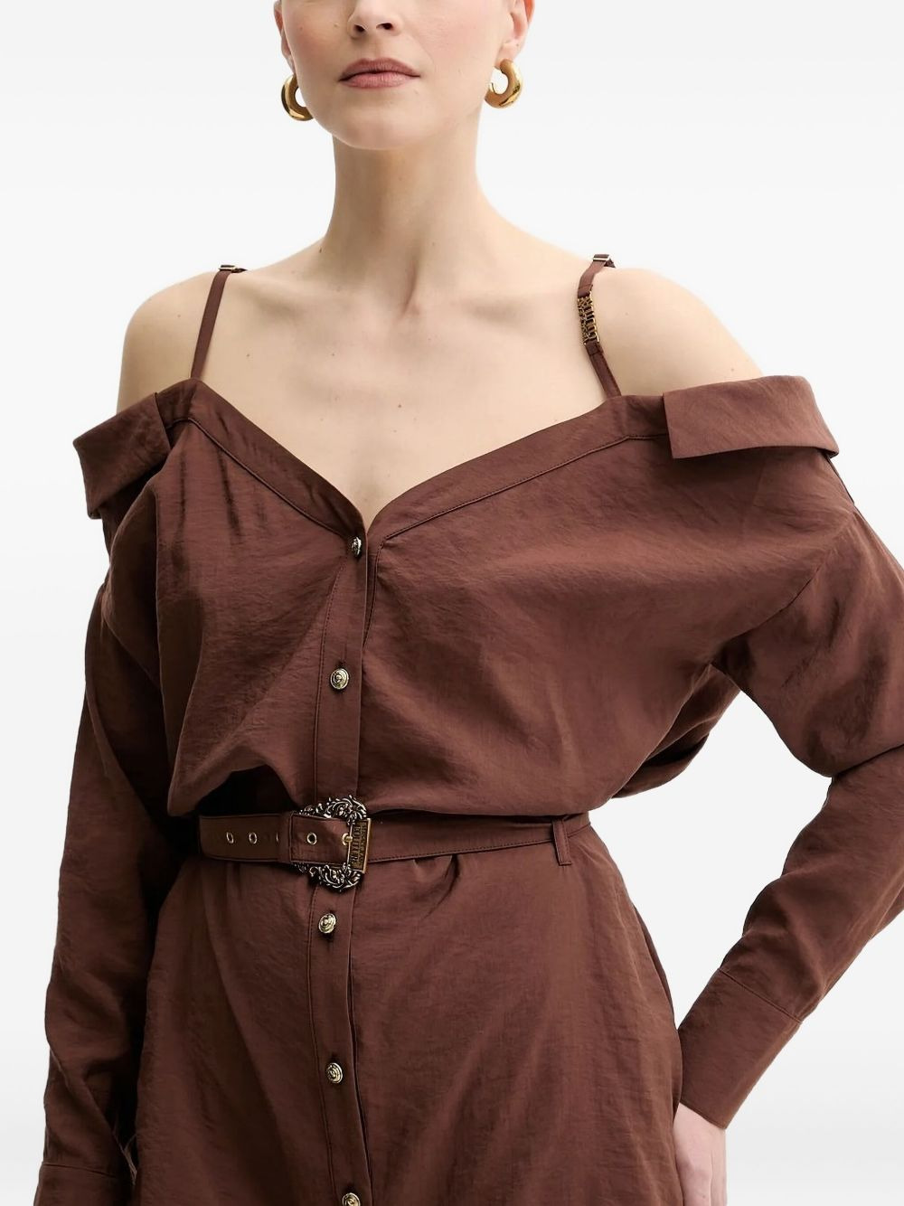 off-shoulder belted shirt dress - 3