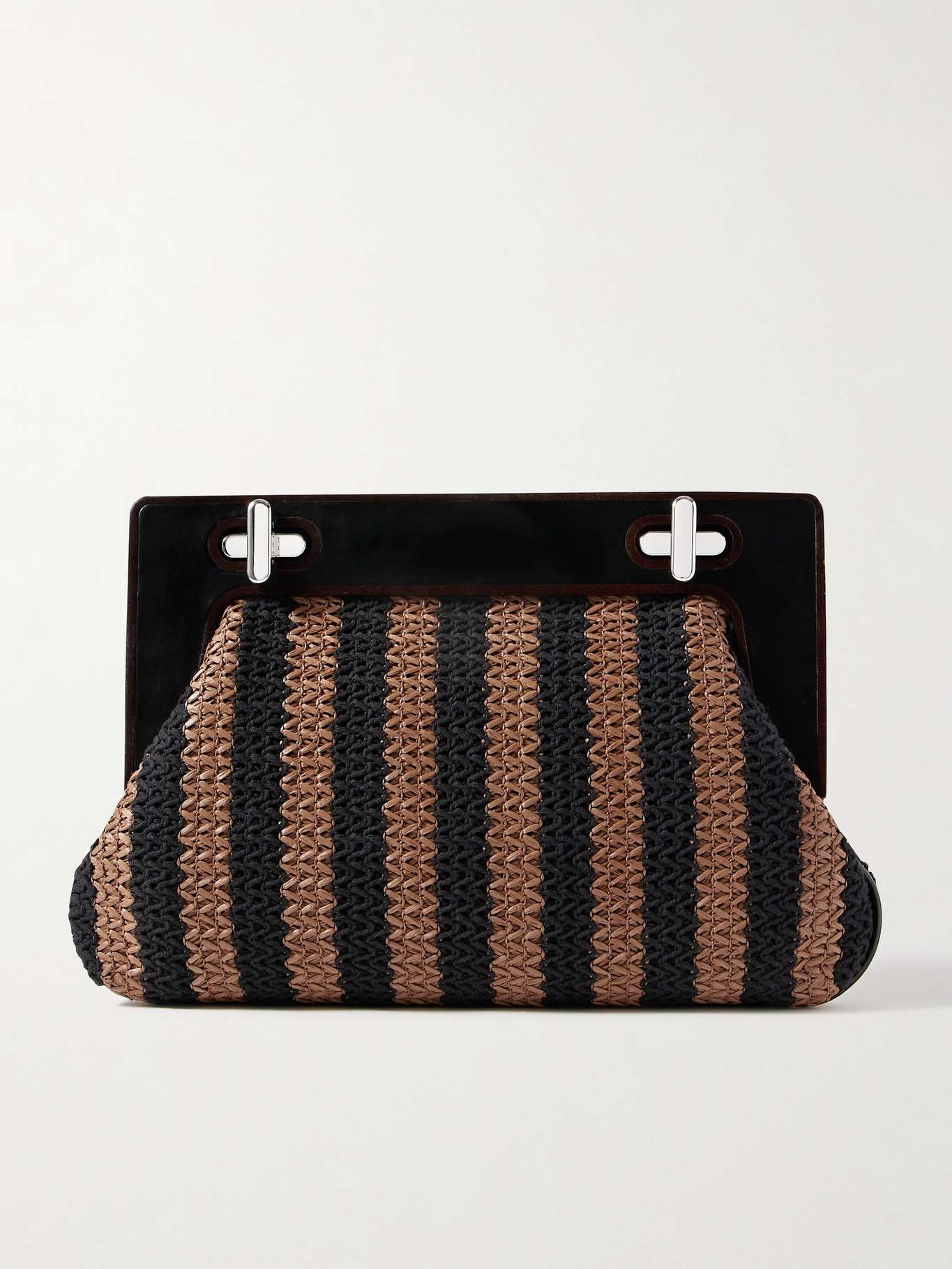 Alba wood and leather-trimmed striped raffia clutch - 1