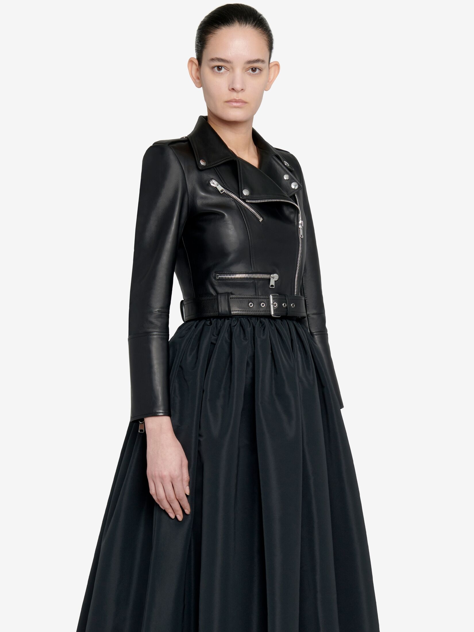Women's Cropped Leather Jacket in Black - 5