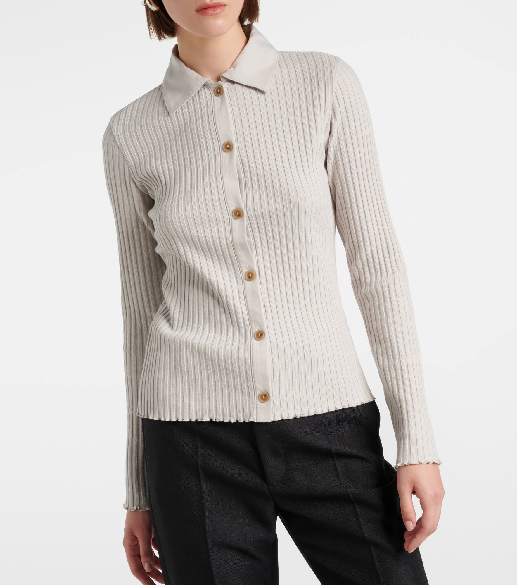 Ribbed-knit cotton-blend polo pullover - 5