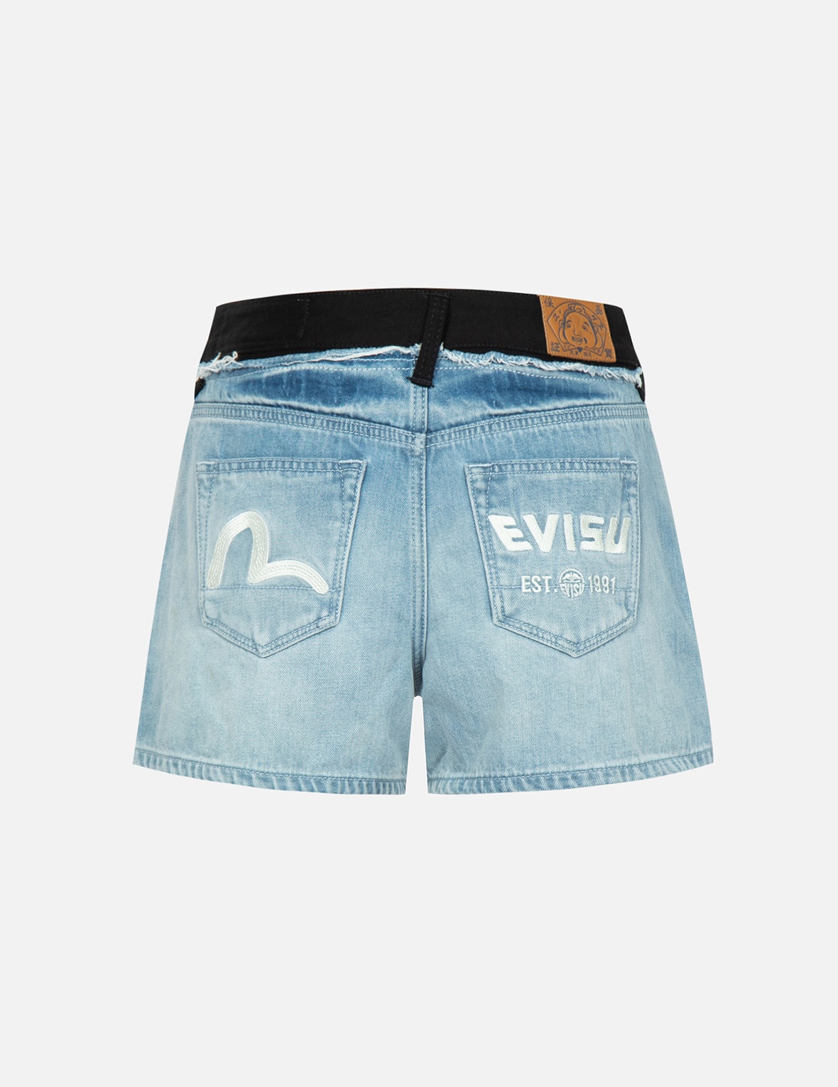 SEAGULL AND LOGO EMBROIDERY RECONSTRUCTED DENIM SHORTS - 1