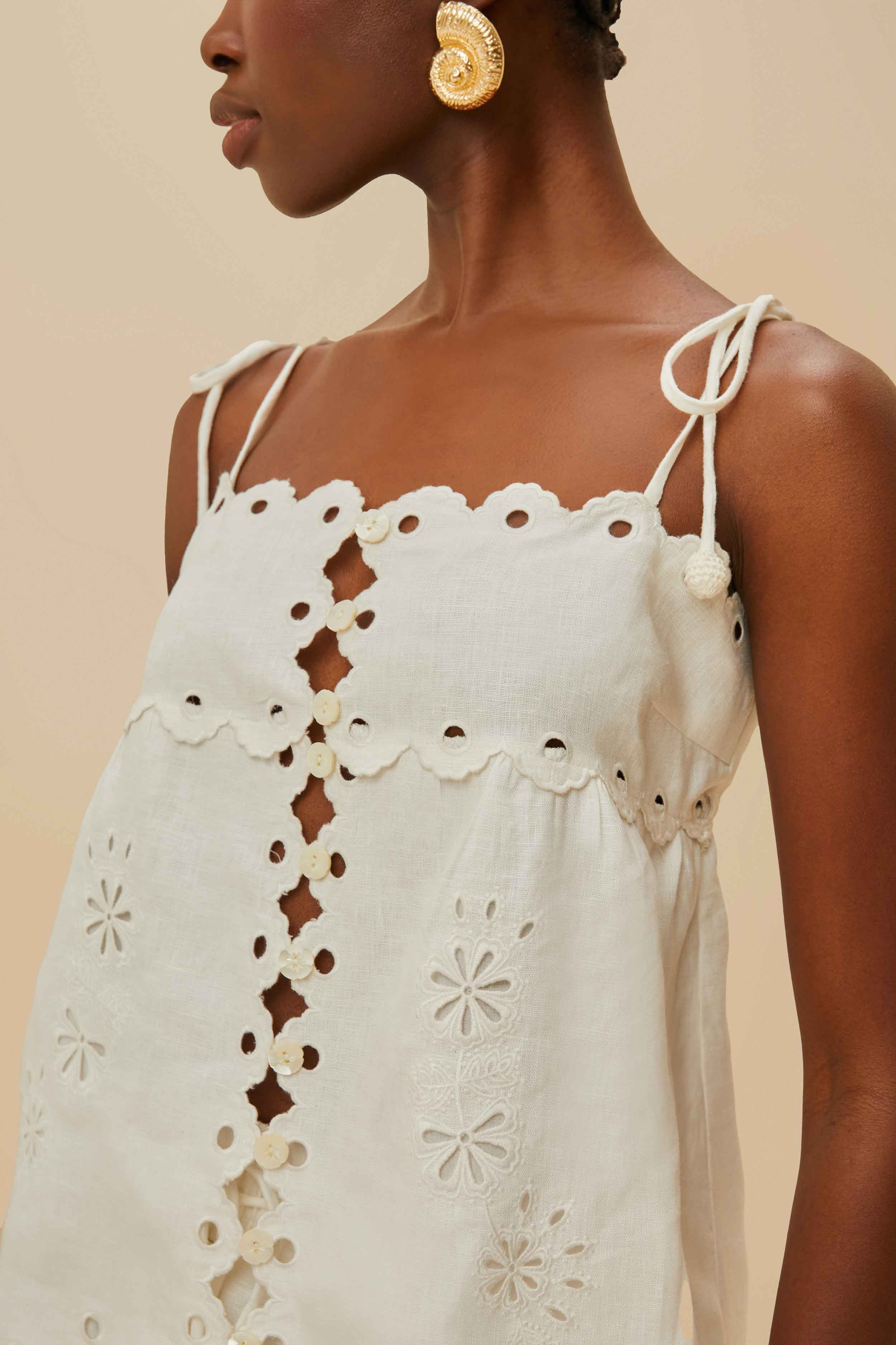 Off-White Flowers Richelieu Euroflax™ Premium Linen Blouse - 3
