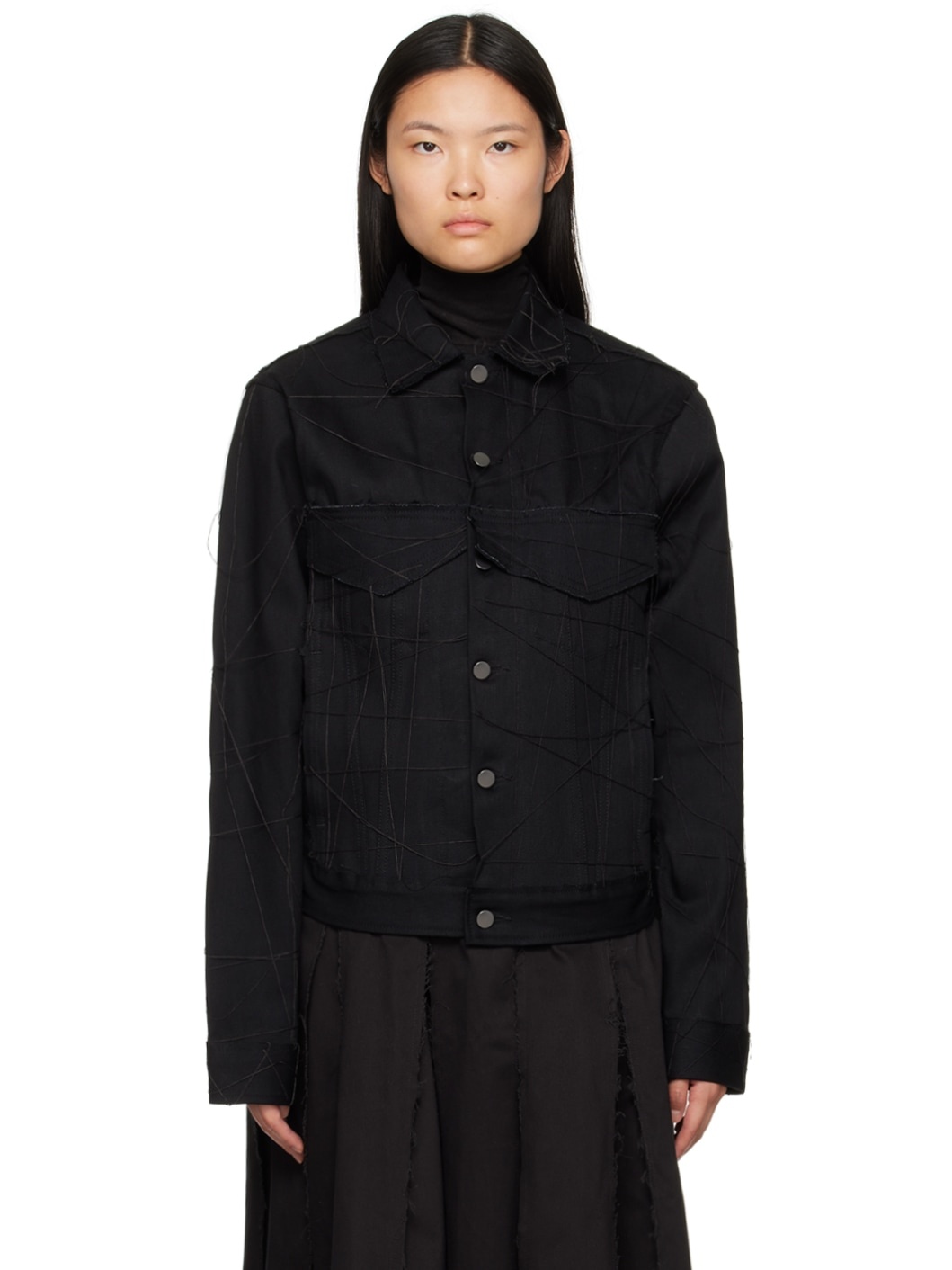 Black Stitched Denim Jacket - 1