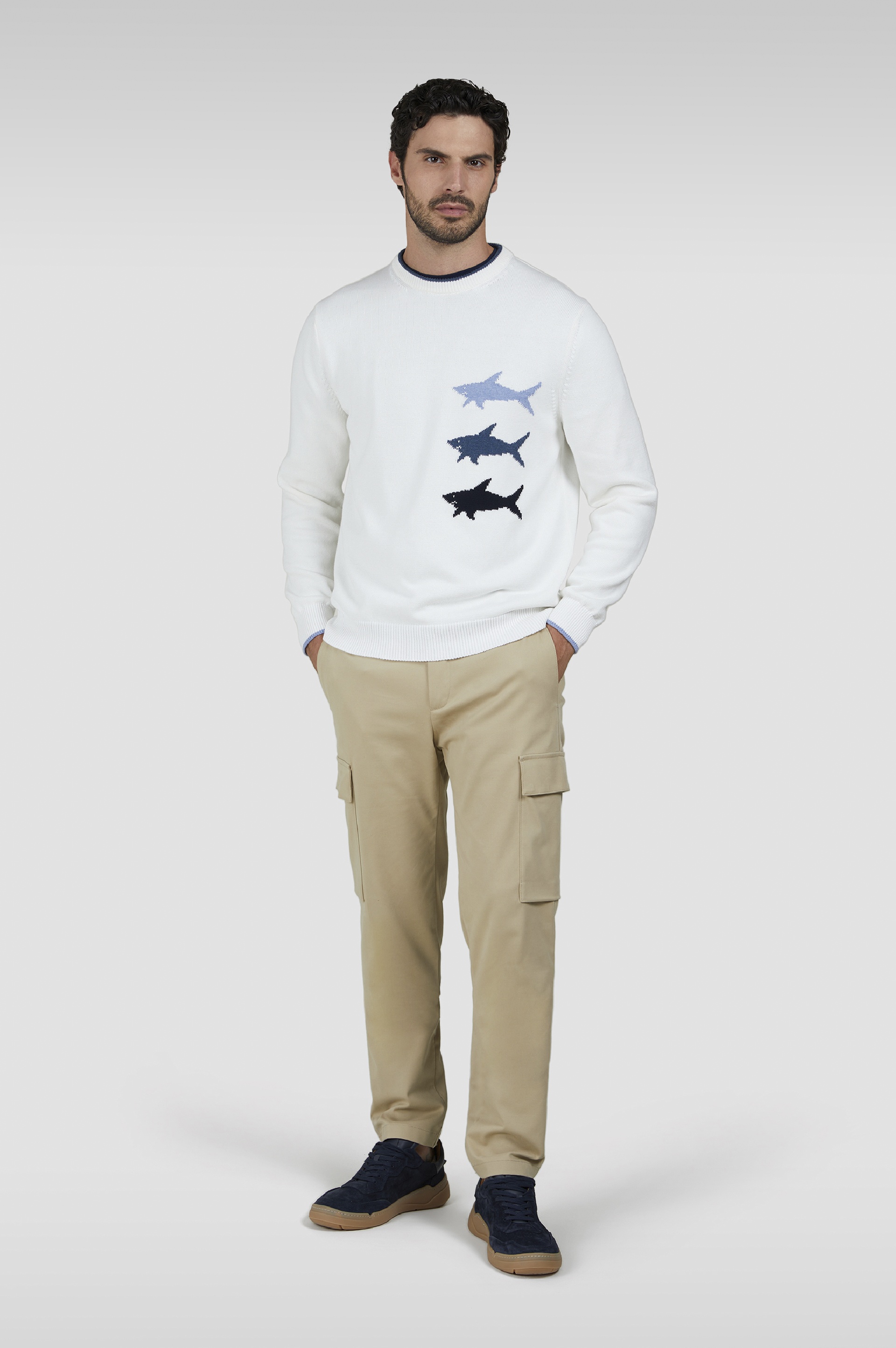 JACQUARD COTTON SWEATER WITH SHARKS INLAY - 2