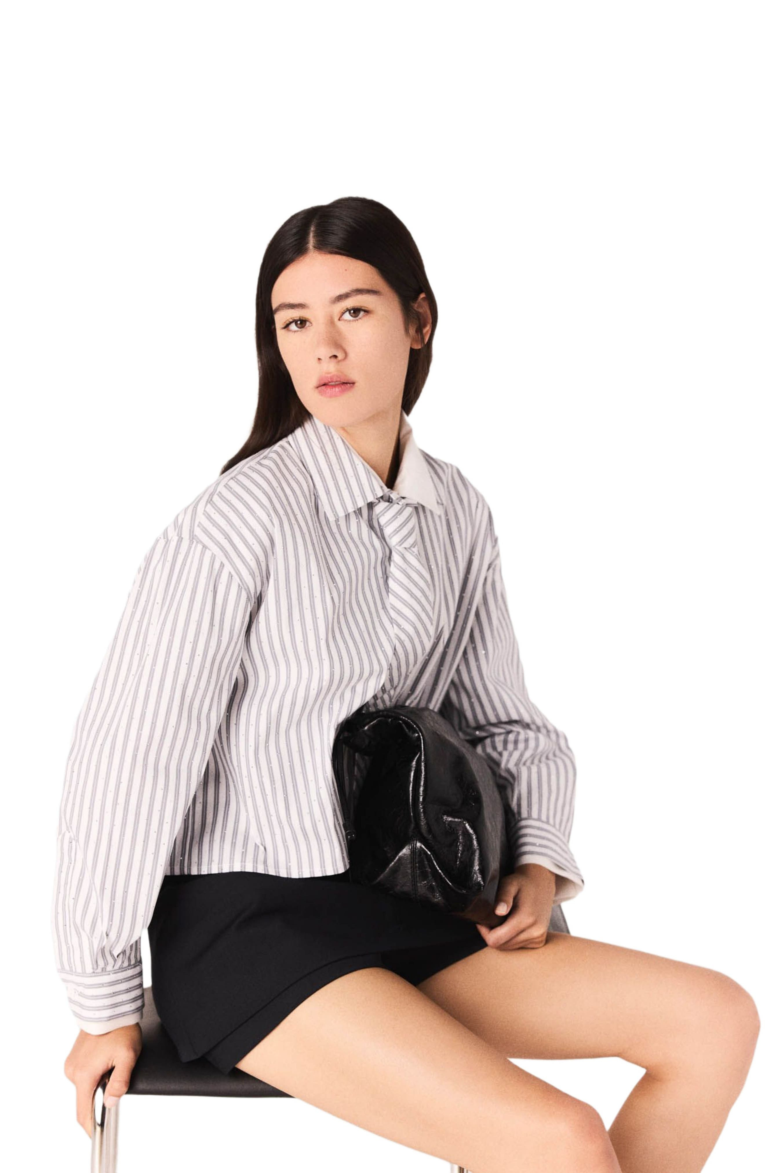 maje Striped rhinestone shirt with tie in Ecru Stripes at Nordstrom - 5