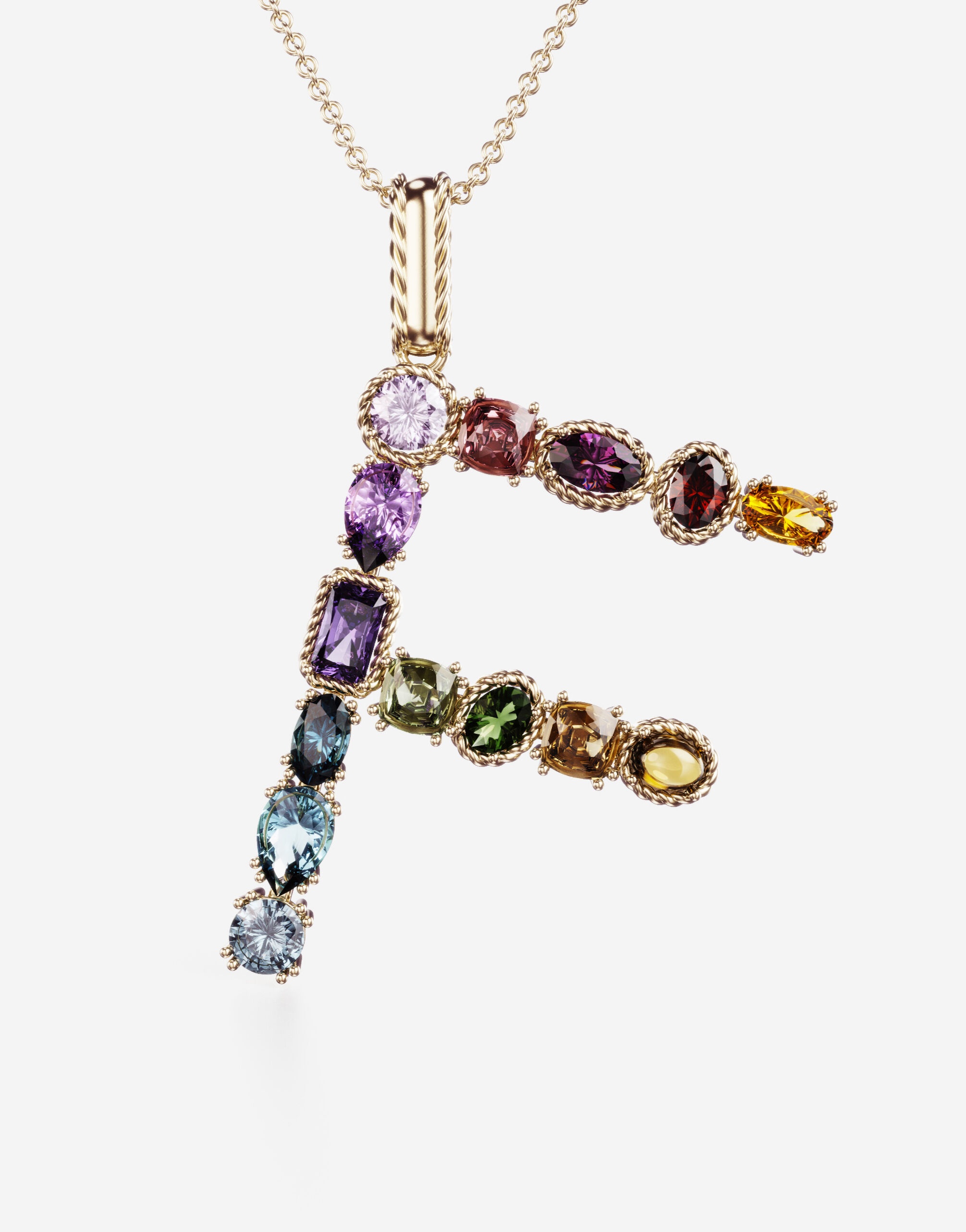 Rainbow alphabet F pendant in yellow gold with multicolor fine gems - 2