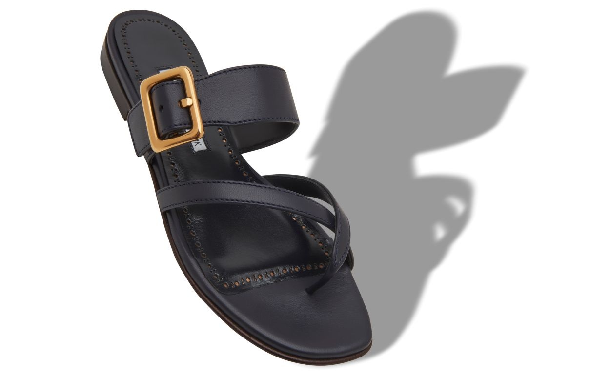 Navy Blue Nappa Leather Flat Sandals - 2