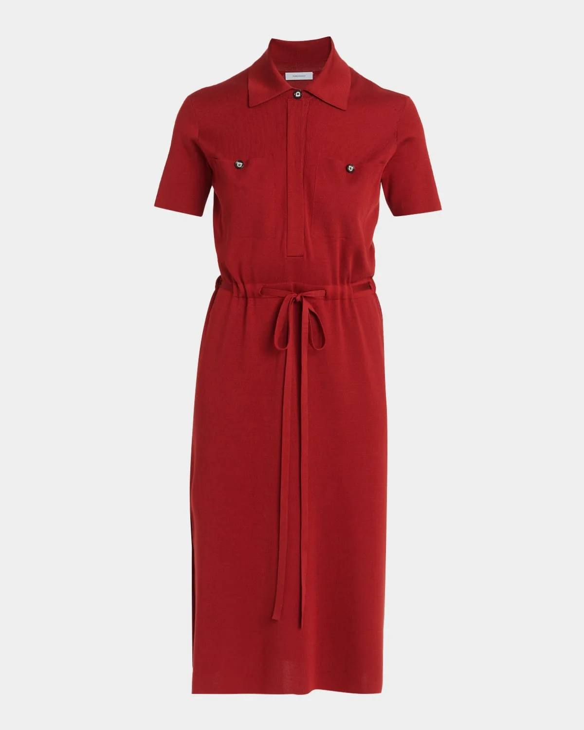 Short-Sleeve Silk Knit Drawstring Midi Polo Dress - 1