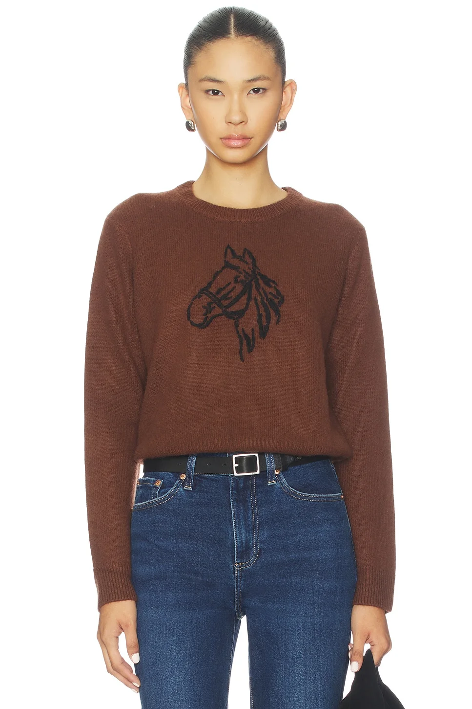 Cashmere Blend Horse Embroidered Crew Sweater - 1