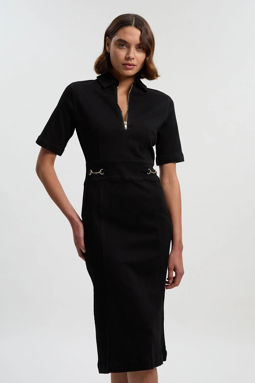 Stretch Denim Snaffle Trim Collared Midi Dress - 1