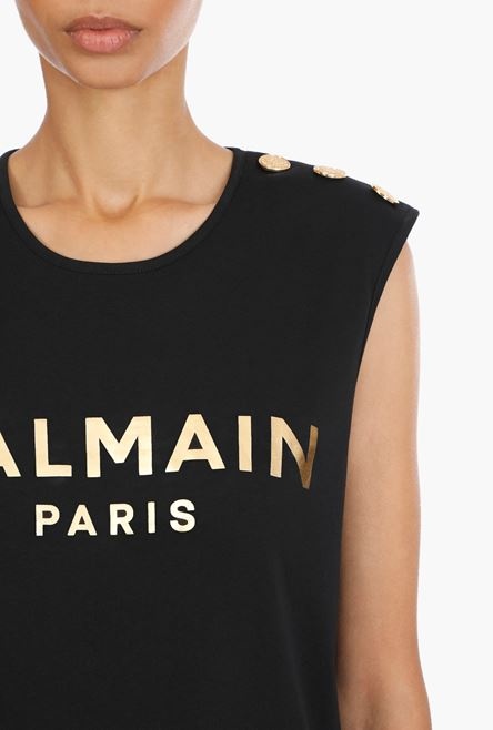 Black cotton T-shirt with gold Balmain logo print - 7