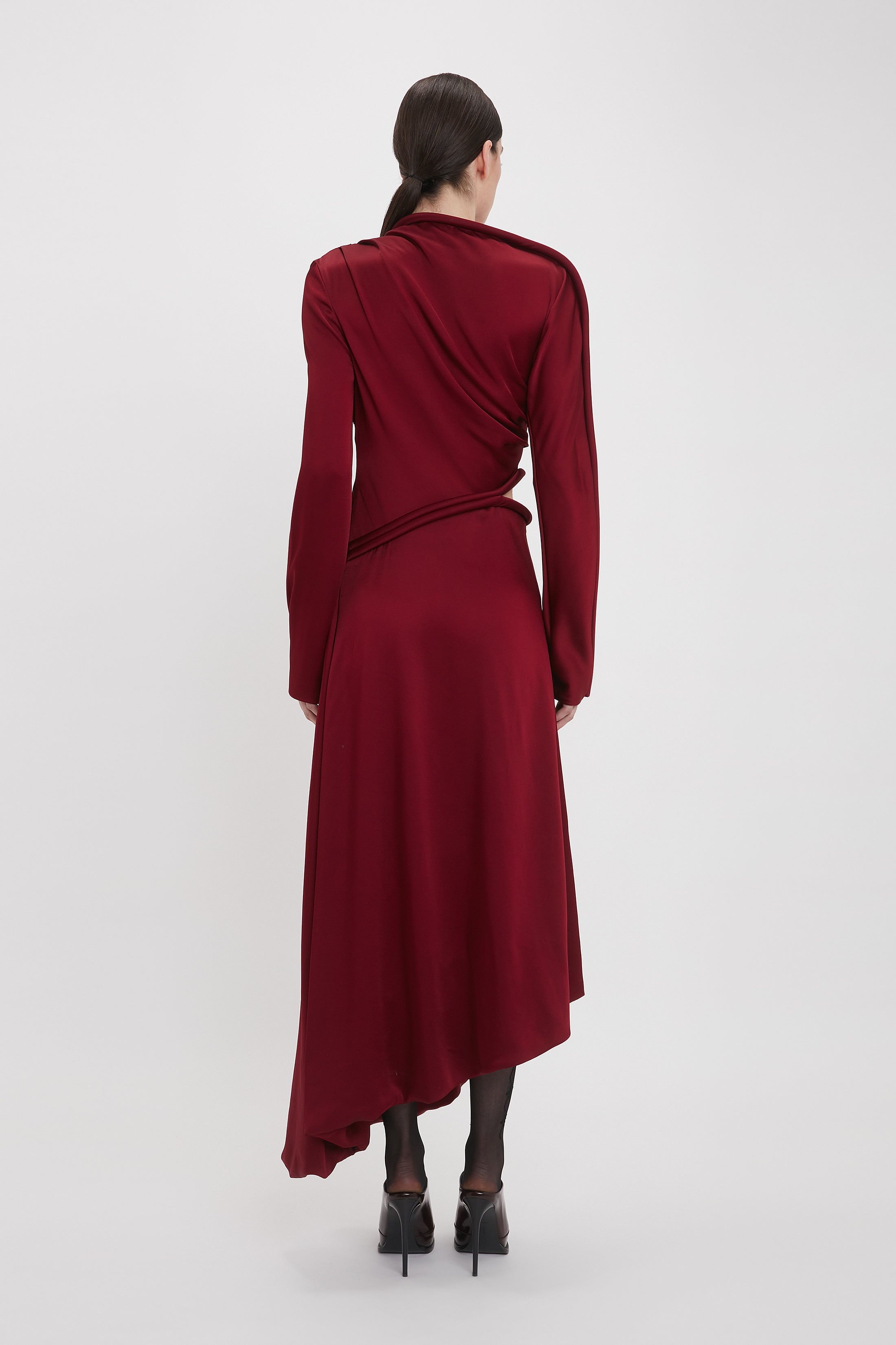 Padded Tube Detail Midi Dress In Oxblood - 4