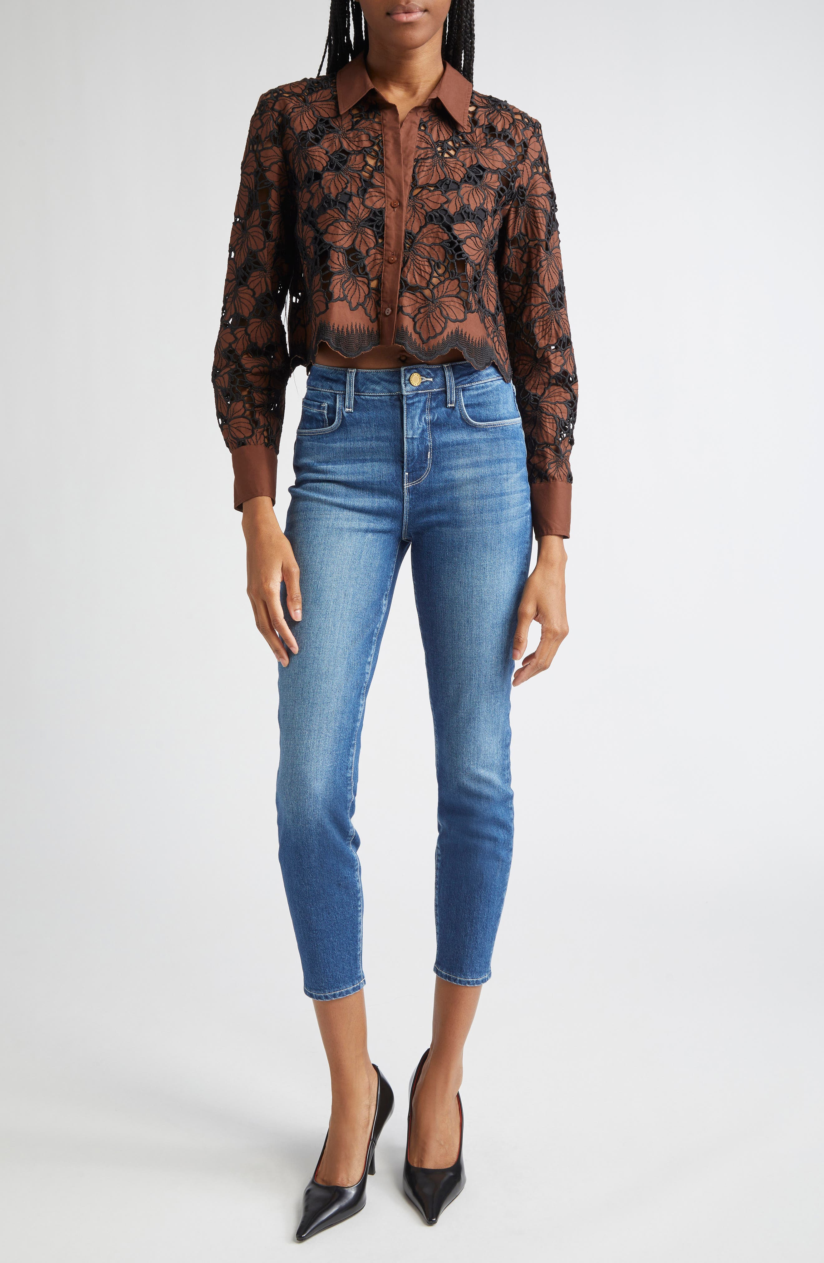 L'AGENCE Seychelle Cutwork Crop Shirt in Hot Fudge/black at Nordstrom - 2