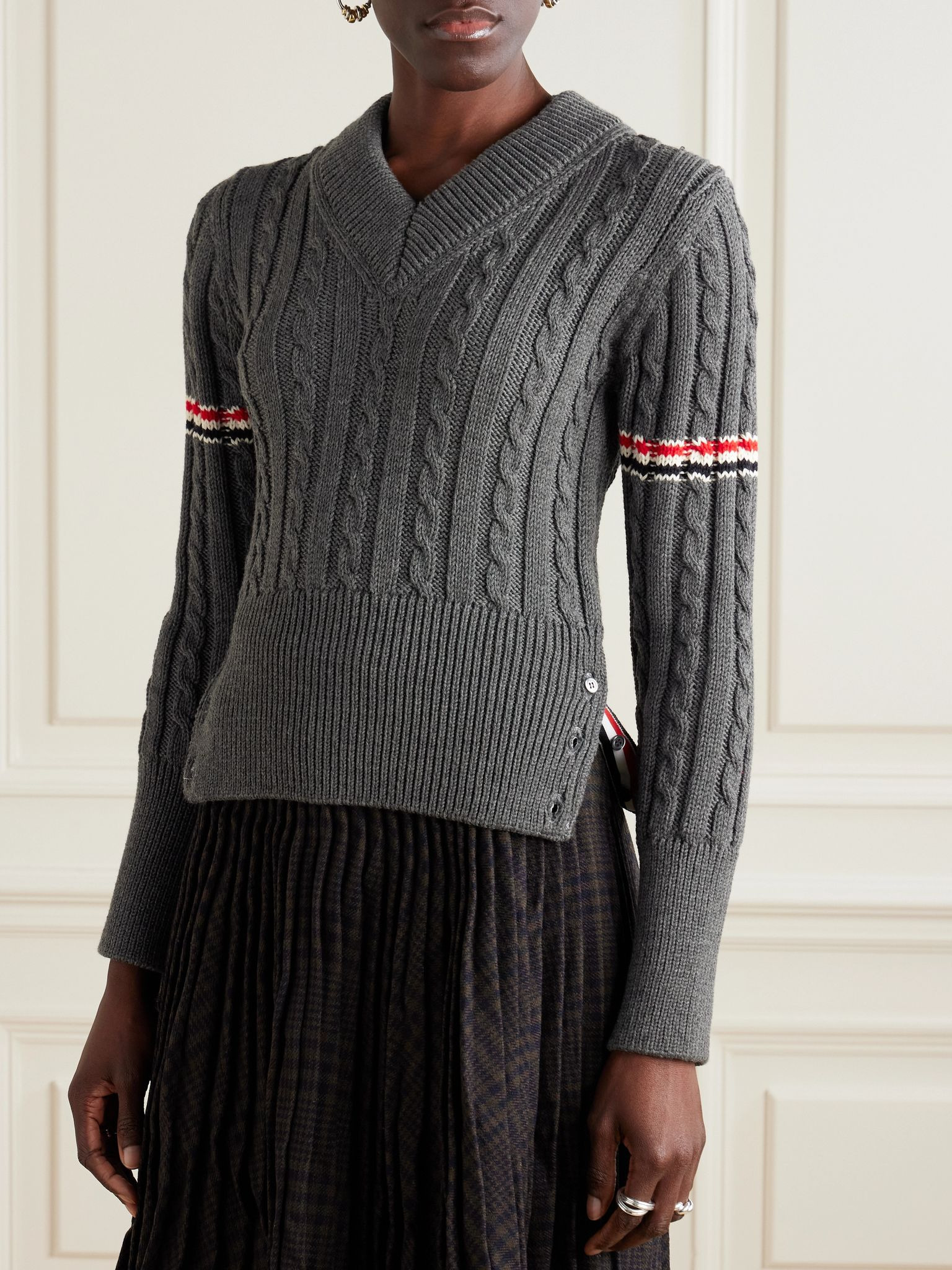 Striped cable-knit wool sweater Gray - 3