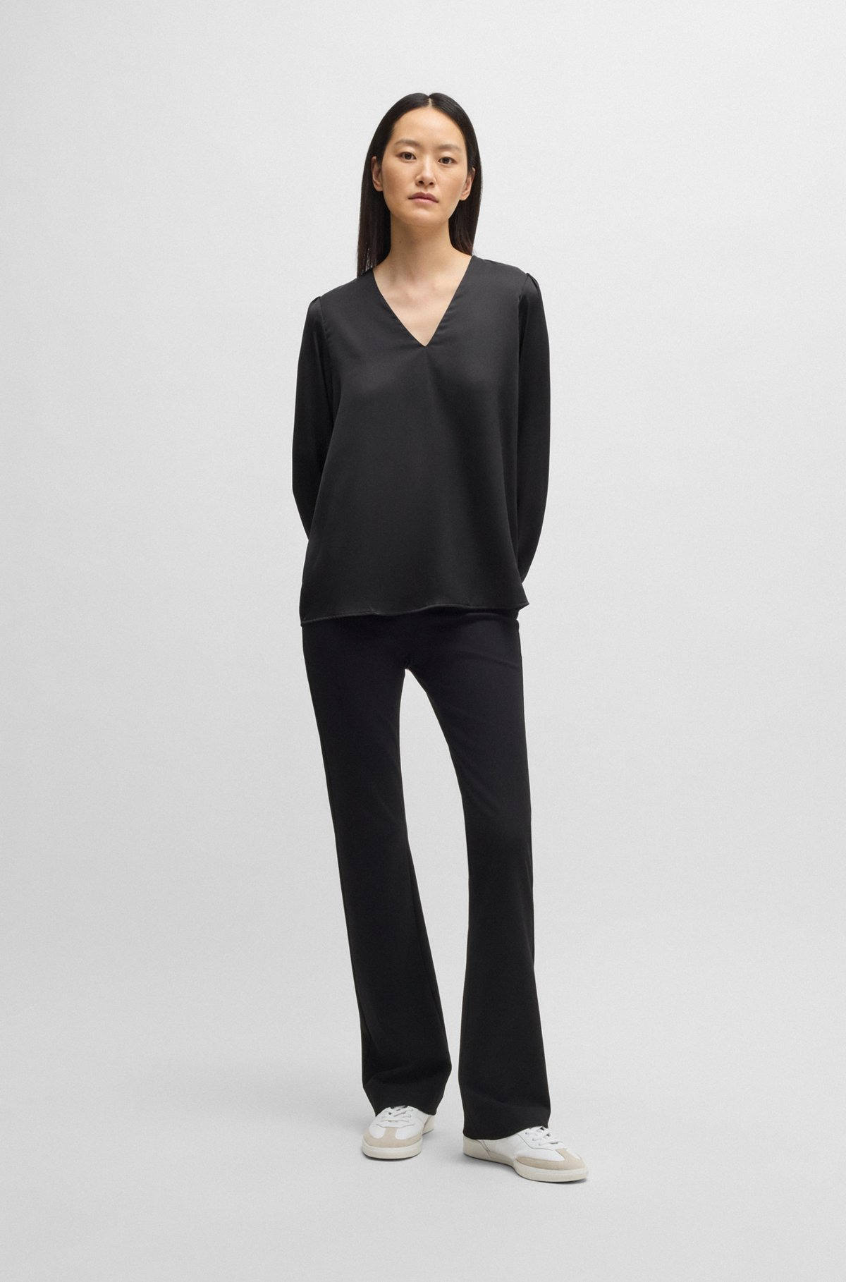 REGULAR-FIT BLOUSE WITH V NECKLINE IN HAMMERED SATIN - 3