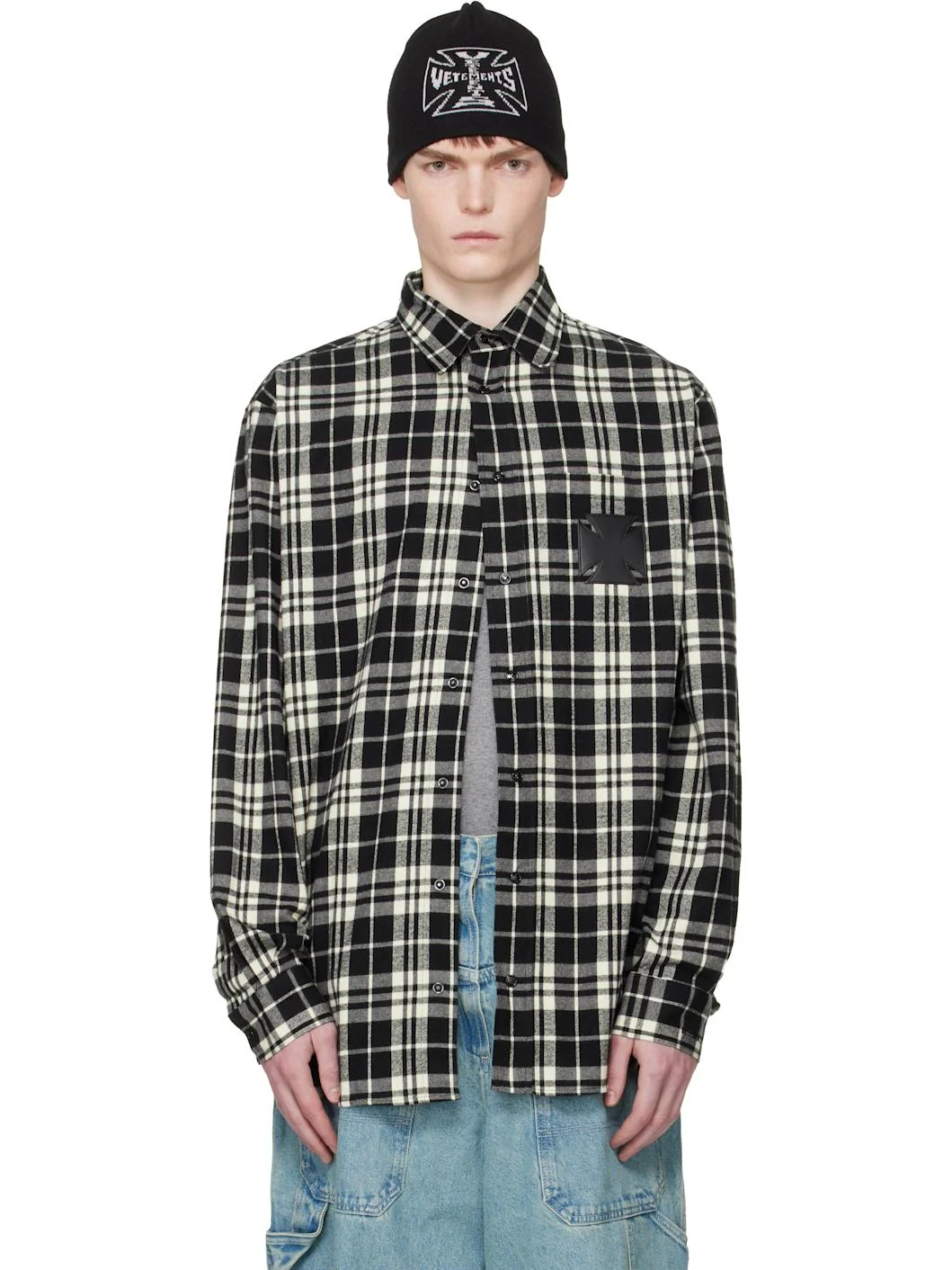 Black & White Leather Cross Flannel Shirt - 1