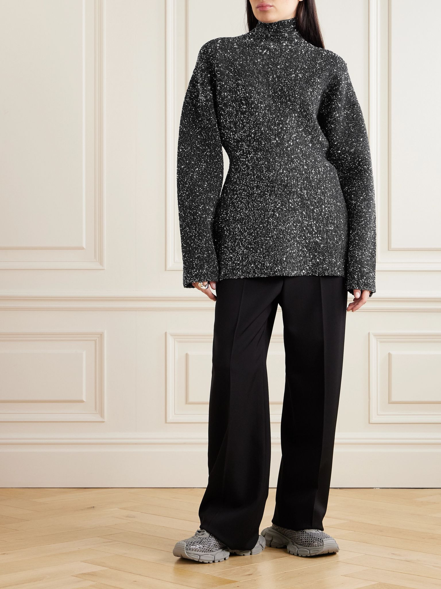 Sequined knitted turtleneck sweater Black - 2