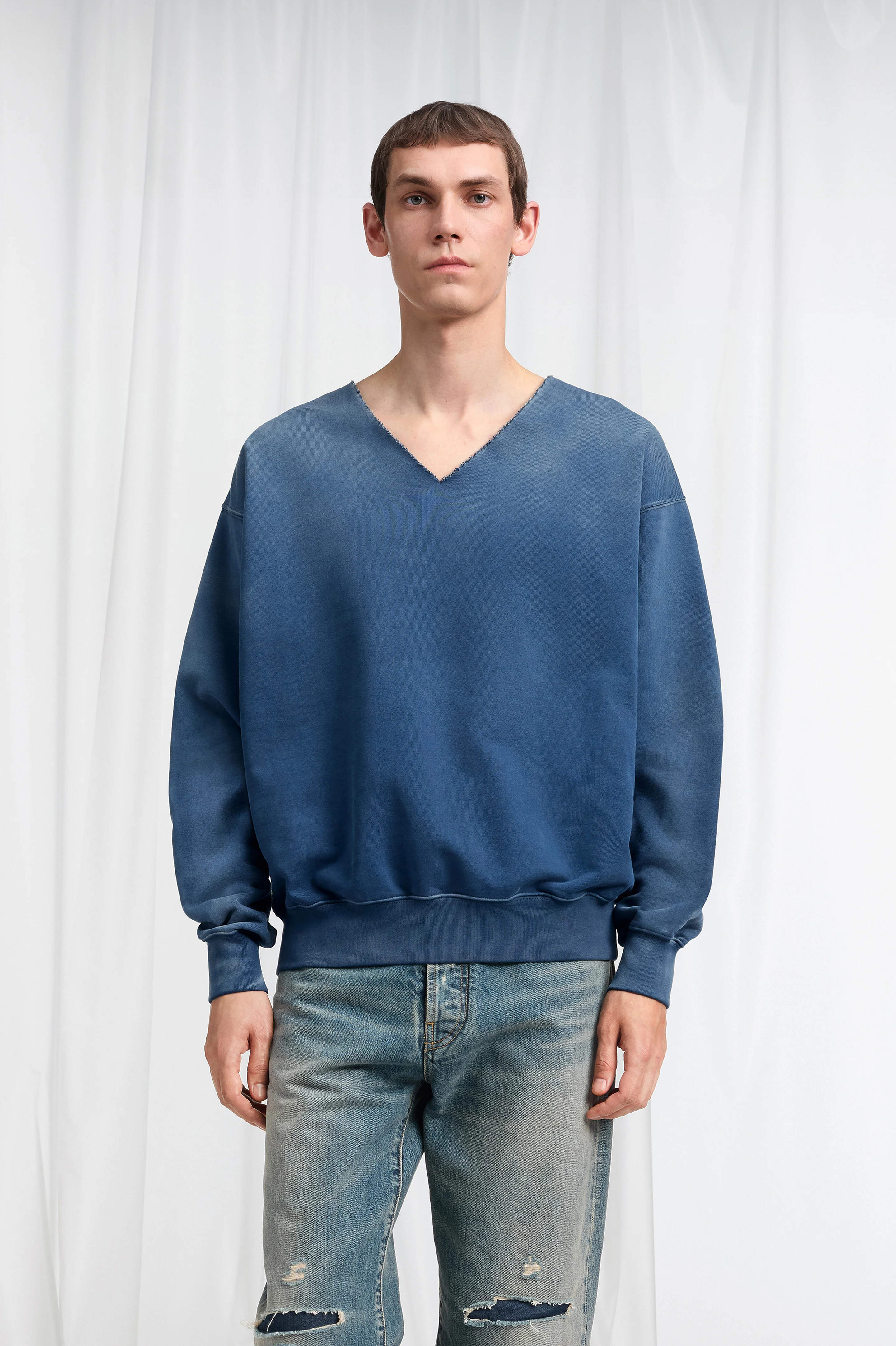 Washed V-Neck Cotton Sweatshirt - 1