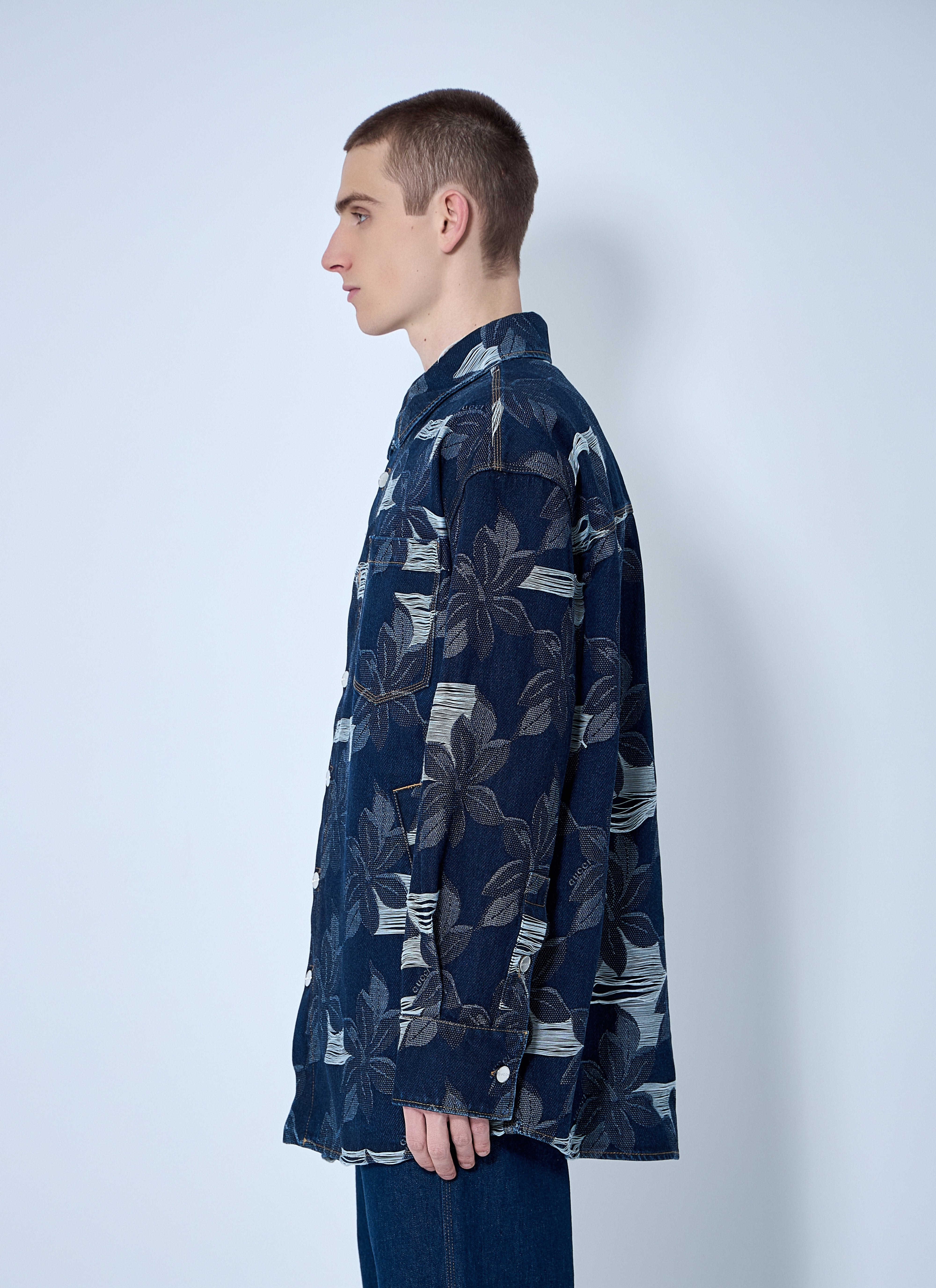 Gucci Men Floral Jacquared Denim Shirt - 3