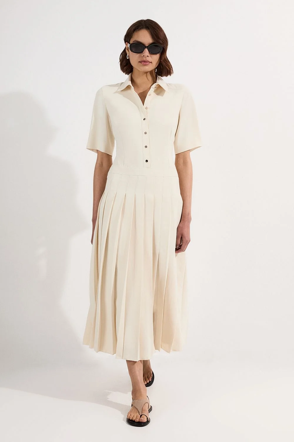 Tailored Crepe Pleated Shirt Dress - 1