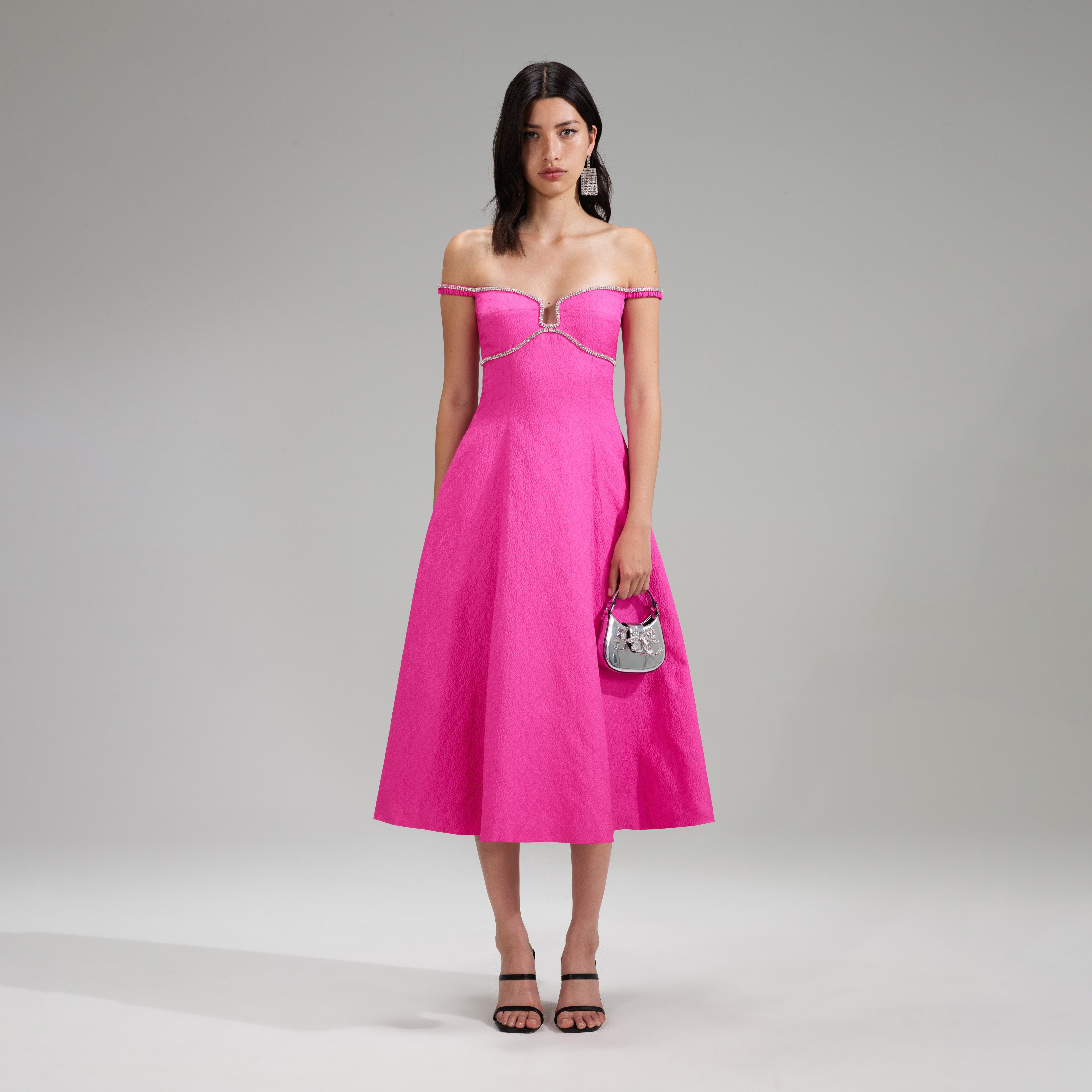 Pink Textured Diamante Detail Midi Dress - 1