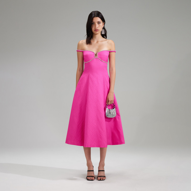 Pink Textured Diamante Detail Midi Dress - 1