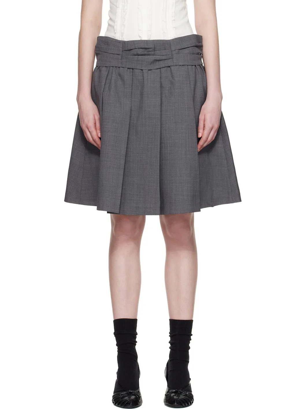 Gray Draped Waist Wide-Pleat Midi Skirt - 1
