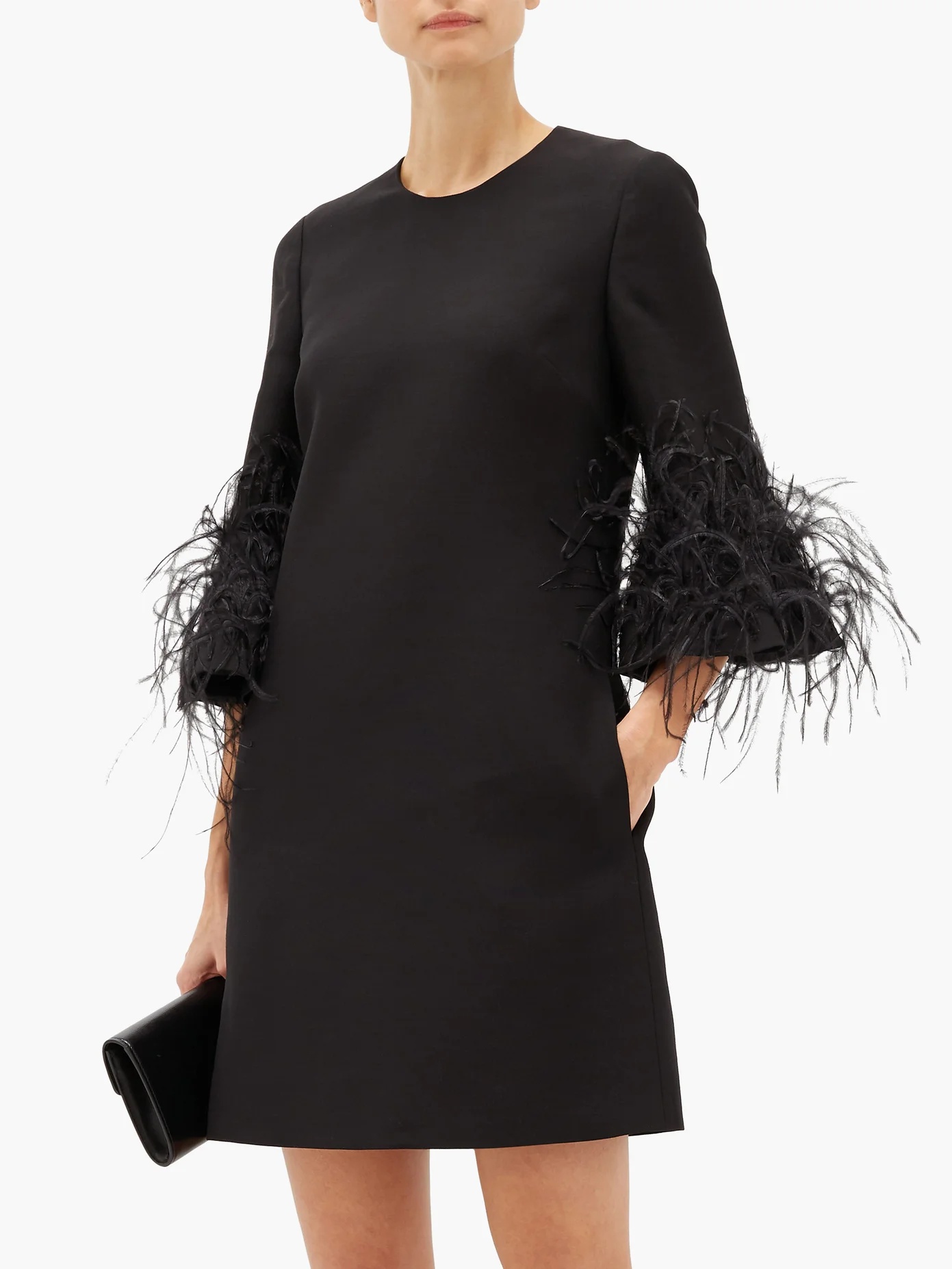 Cropped-sleeve feather-trimmed wool-blend dress - 3