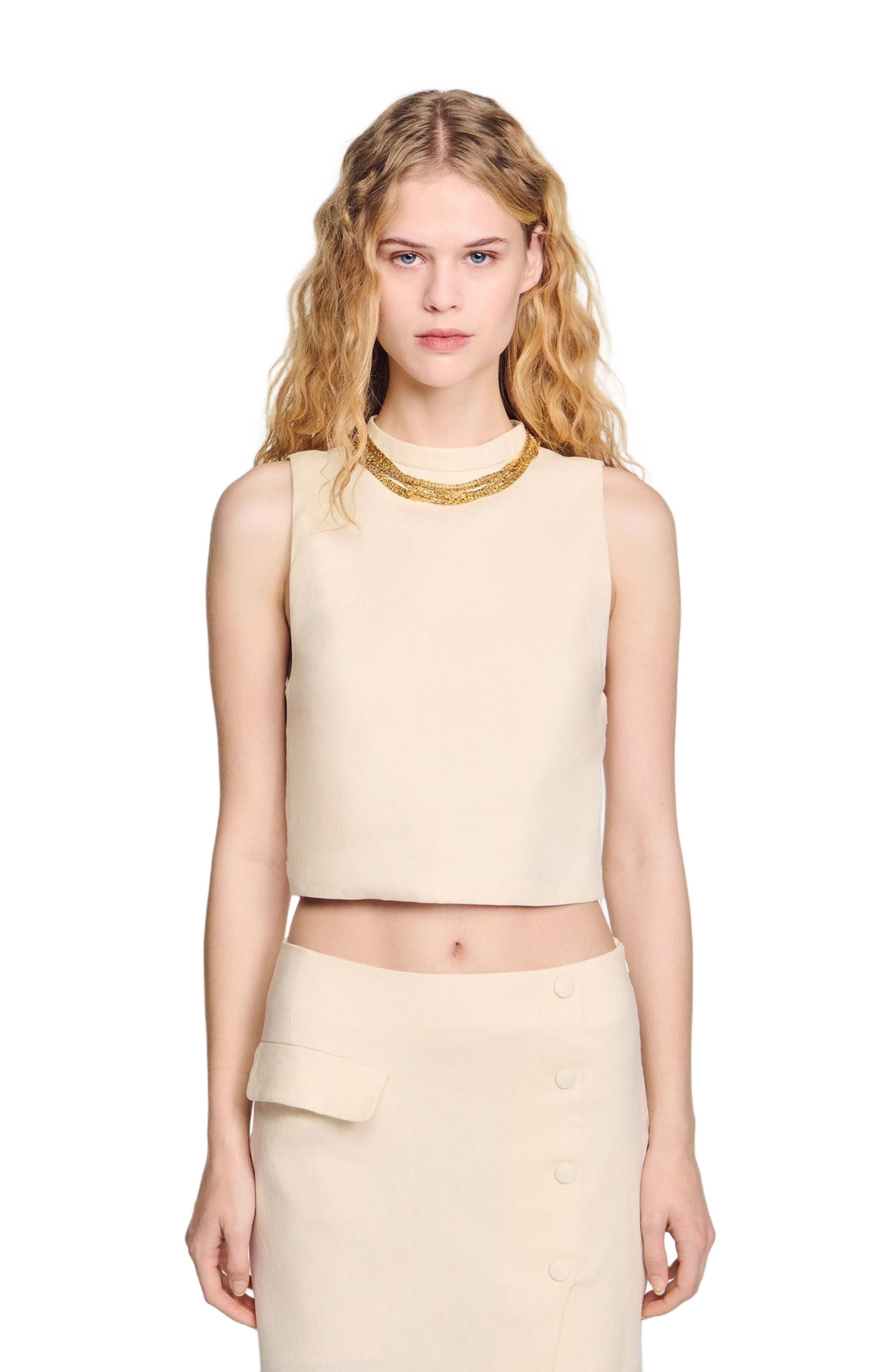 SANDRO Knit crop top with necklace in Ecru at Nordstrom - 1