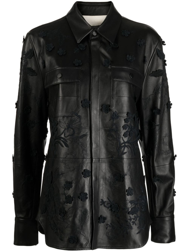 floral-embroidered leather shirt jacket 1