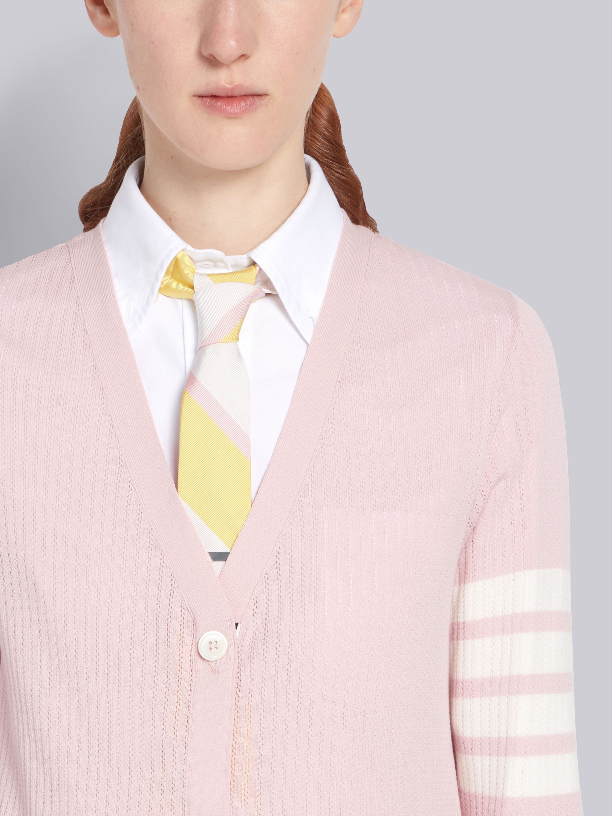 Pink Silk Cotton Blend Mesh Stitch V-Neck 4-Bar Cardigan - 5