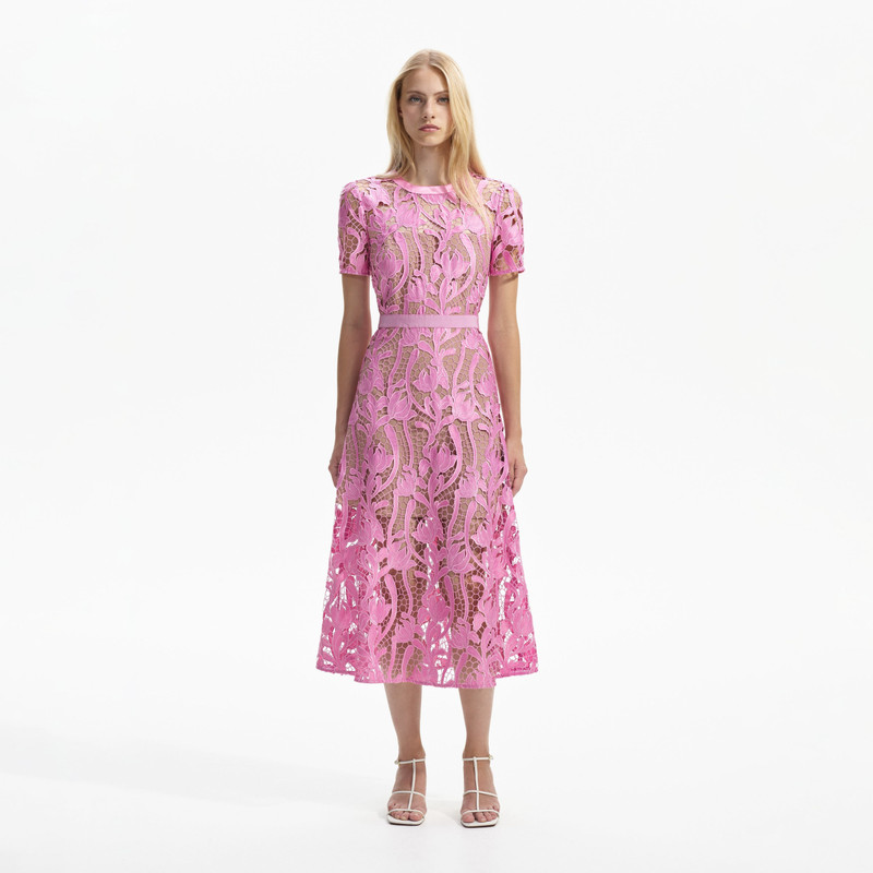 knee length dresses for ladies SELF PORTRAIT Pink Azaelea Floral-embroidered Woven Midi Dress UK 4 –  Reliked main image 0