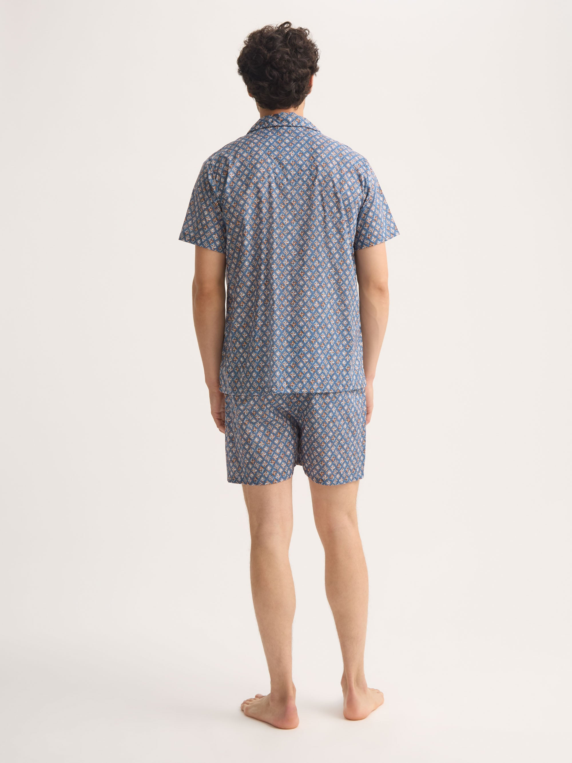 Men's Short Pajamas Cotton Batiste Blue Multicolor Diamond Print - 4