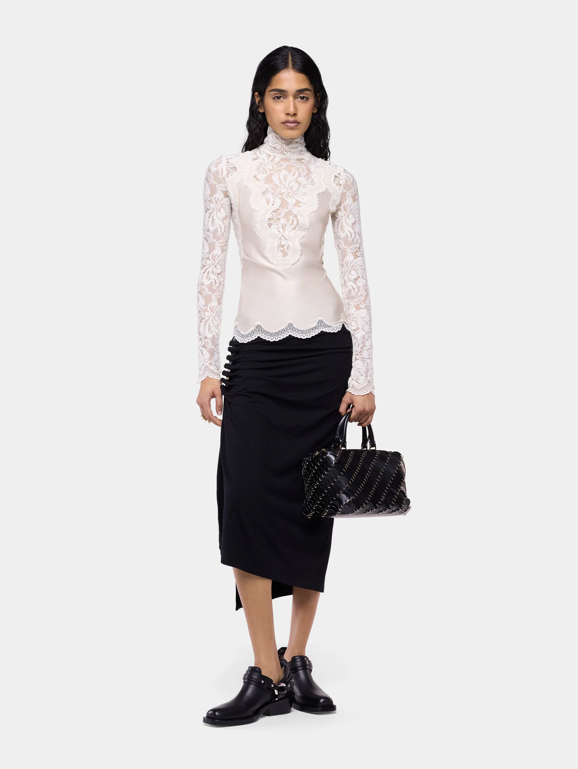 MIDI SKIRT IN BLACK JERSEY WITH DRAPING DETAILS - 1
