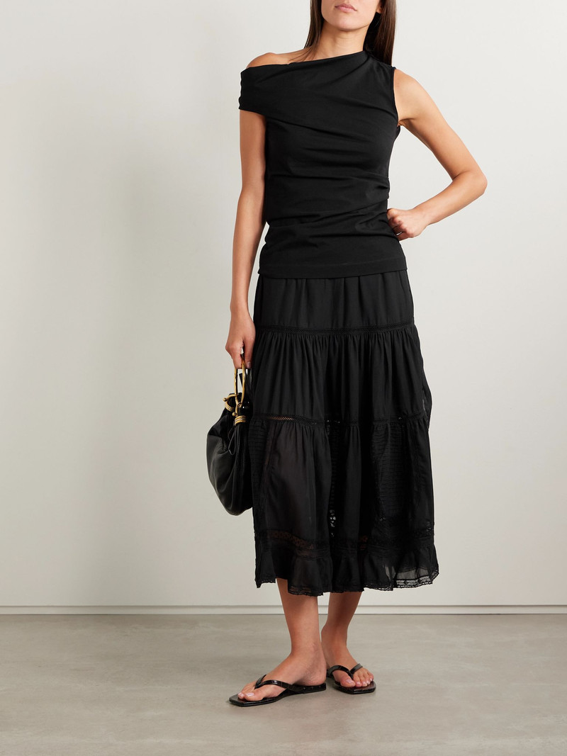 Sea Franca tiered lace-trimmed cotton-blend midi skirt Black outlook