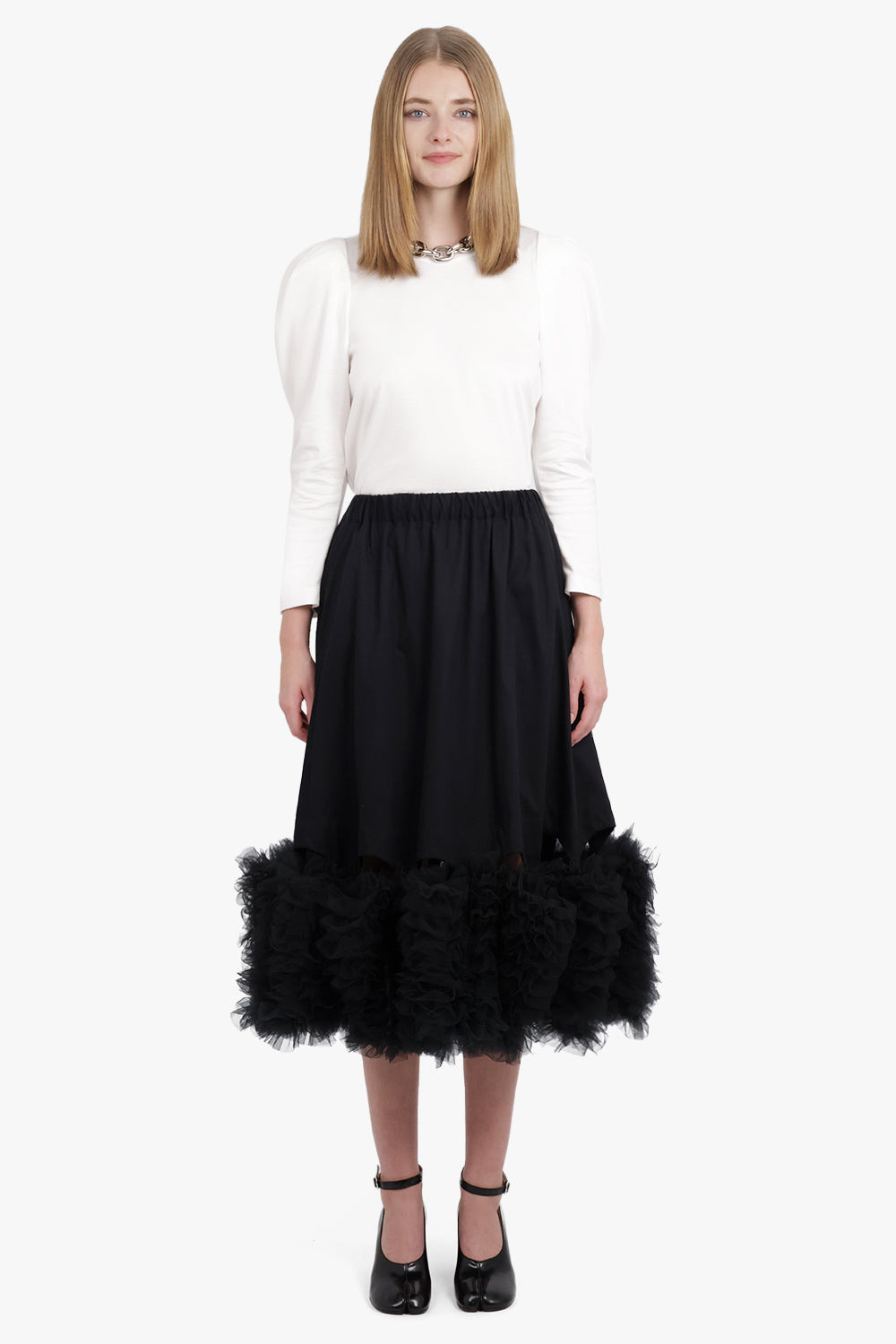 MIDI SKIRT WITH ATTACHED TULLE HEM | BLACK - 4
