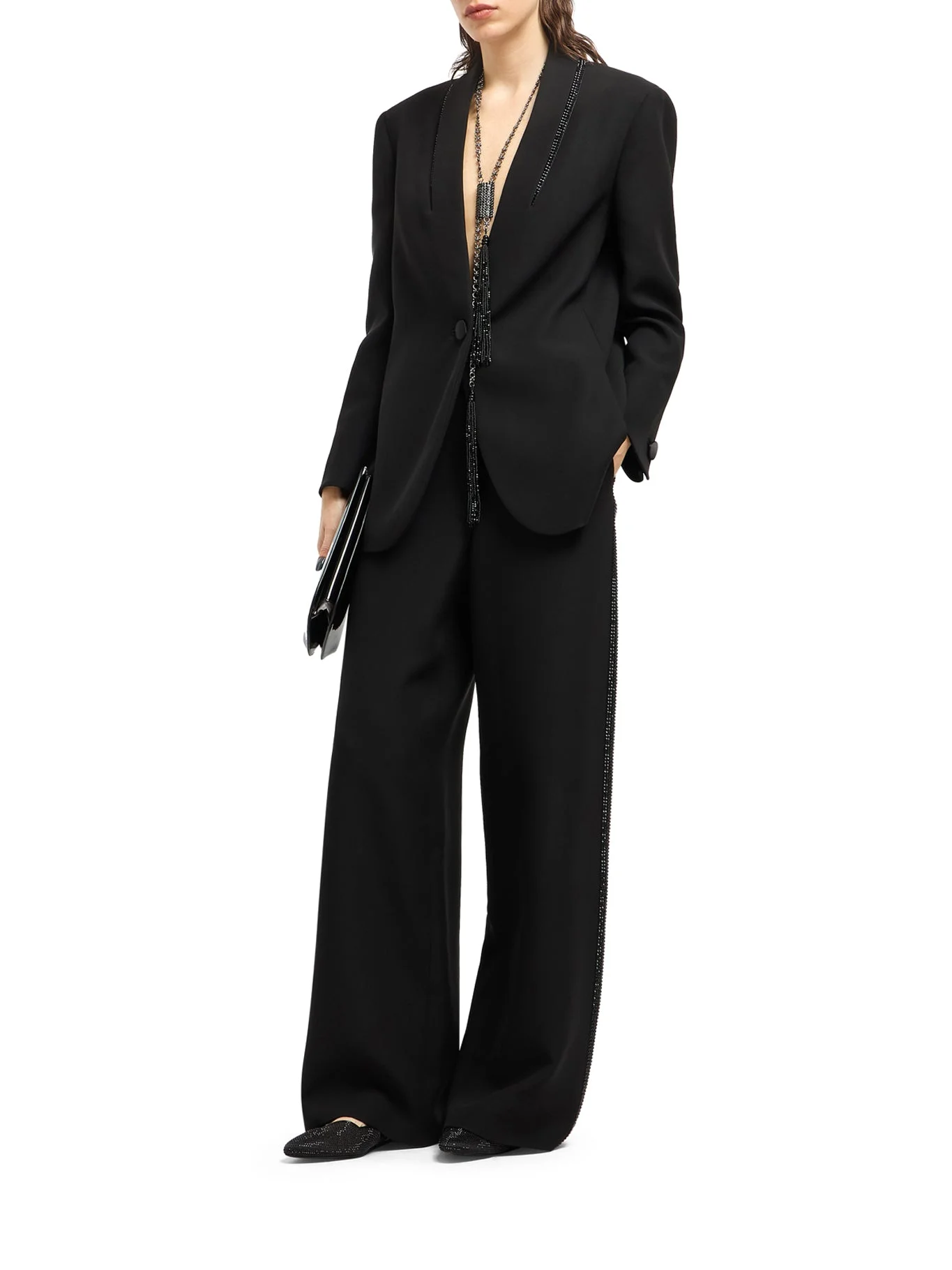 SINGLE BREASTED SILK JACKET WITH RHINESTONE EMBROIDERY - 1