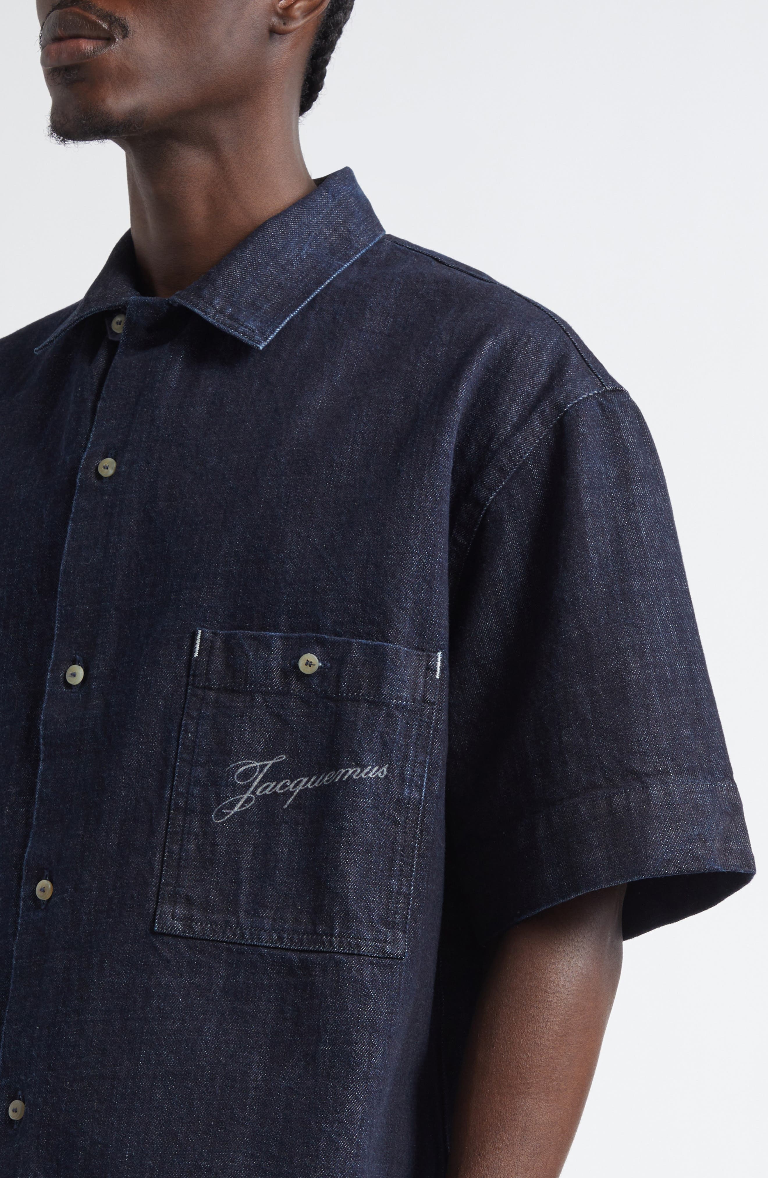 Jacquemus La Chemise de-Nîmes Aloe Denim Button-Up Shirt in Dark Navy at Nordstrom - 5