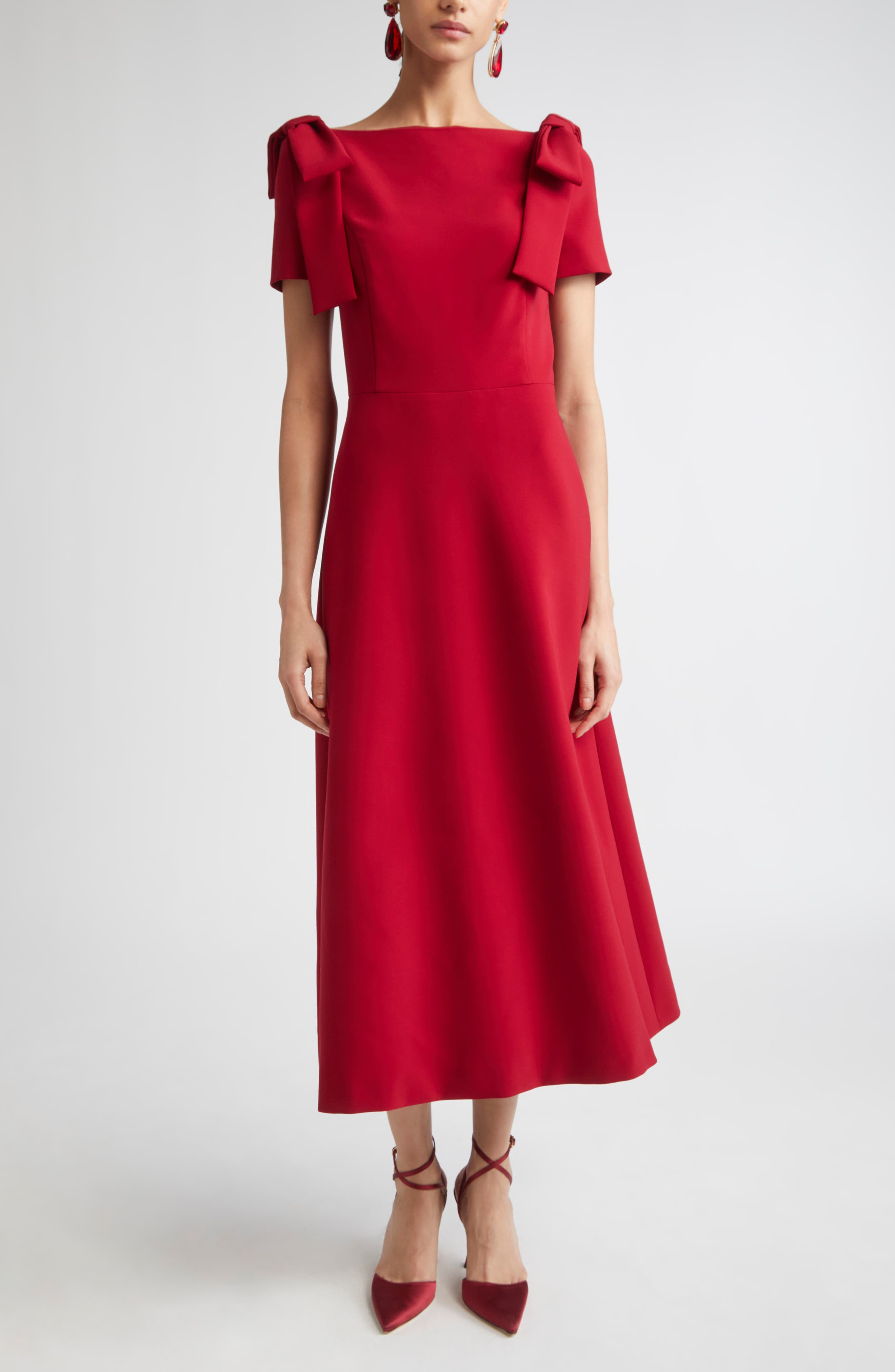 Carolina Herrera Bow Shoulder A-Line Silk Dress in Garnet at Nordstrom - 1