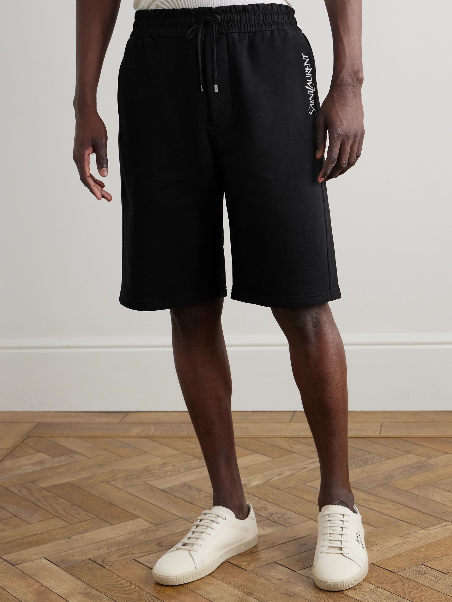 Straight-Leg Logo-Embroidered Cotton-Jersey Drawstring Shorts Black - 3