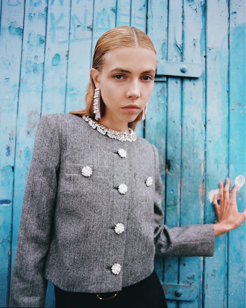 Grey Herringbone Crystal Trim Jacket 6